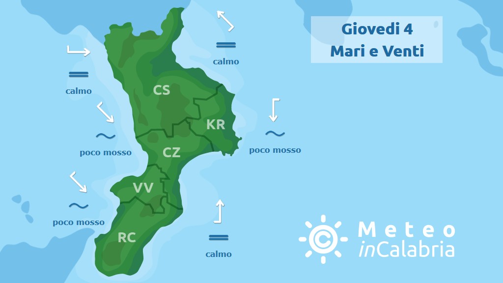 Previsione meteo mari e venti in Calabria per giovedì 4 luglio 2019