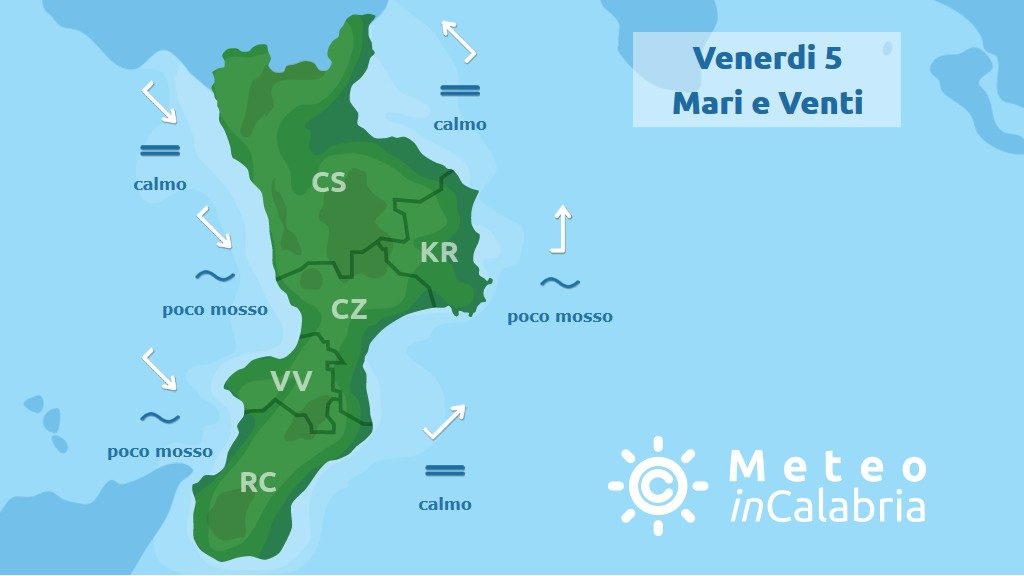 Previsione meteo mari e venti in Calabria per venerdì 5 luglio 2019