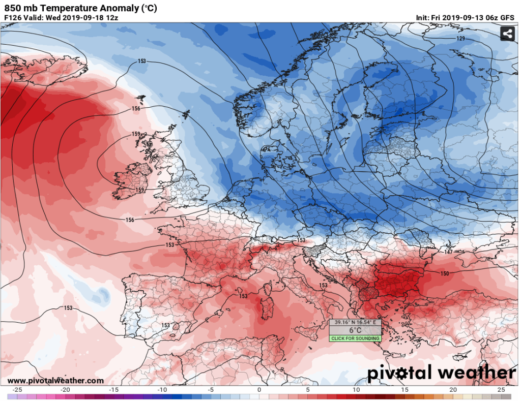 anomalie termiche 850 hPa europa gfs 18 settembre 2019
