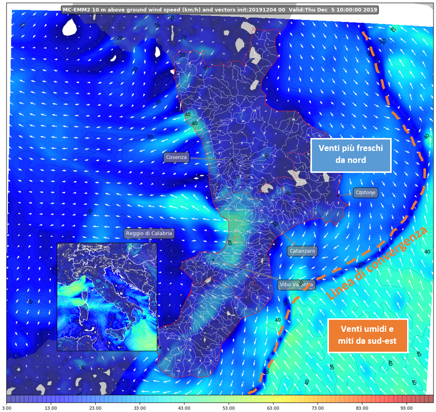 mappa venti al suolo wrf calabria 5 dicembre 2019