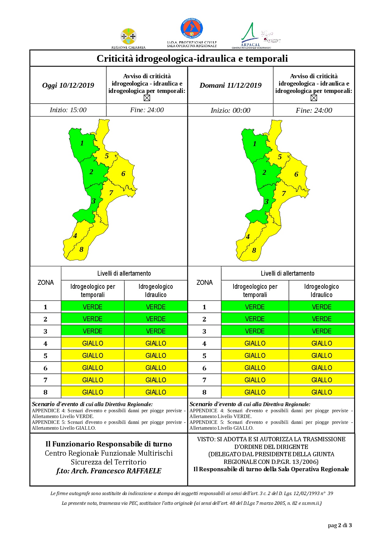 Criticità idrogeologica-idraulica e temporali in Calabria 10-12-2019