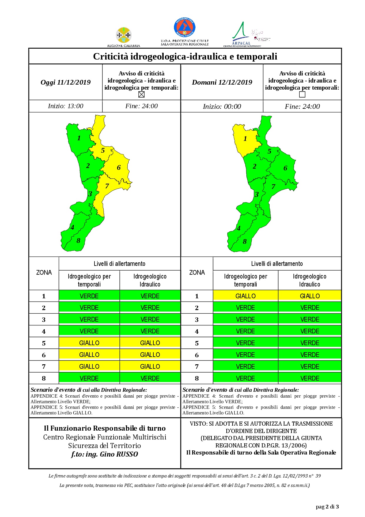 Criticità idrogeologica-idraulica e temporali in Calabria 11-12-2019