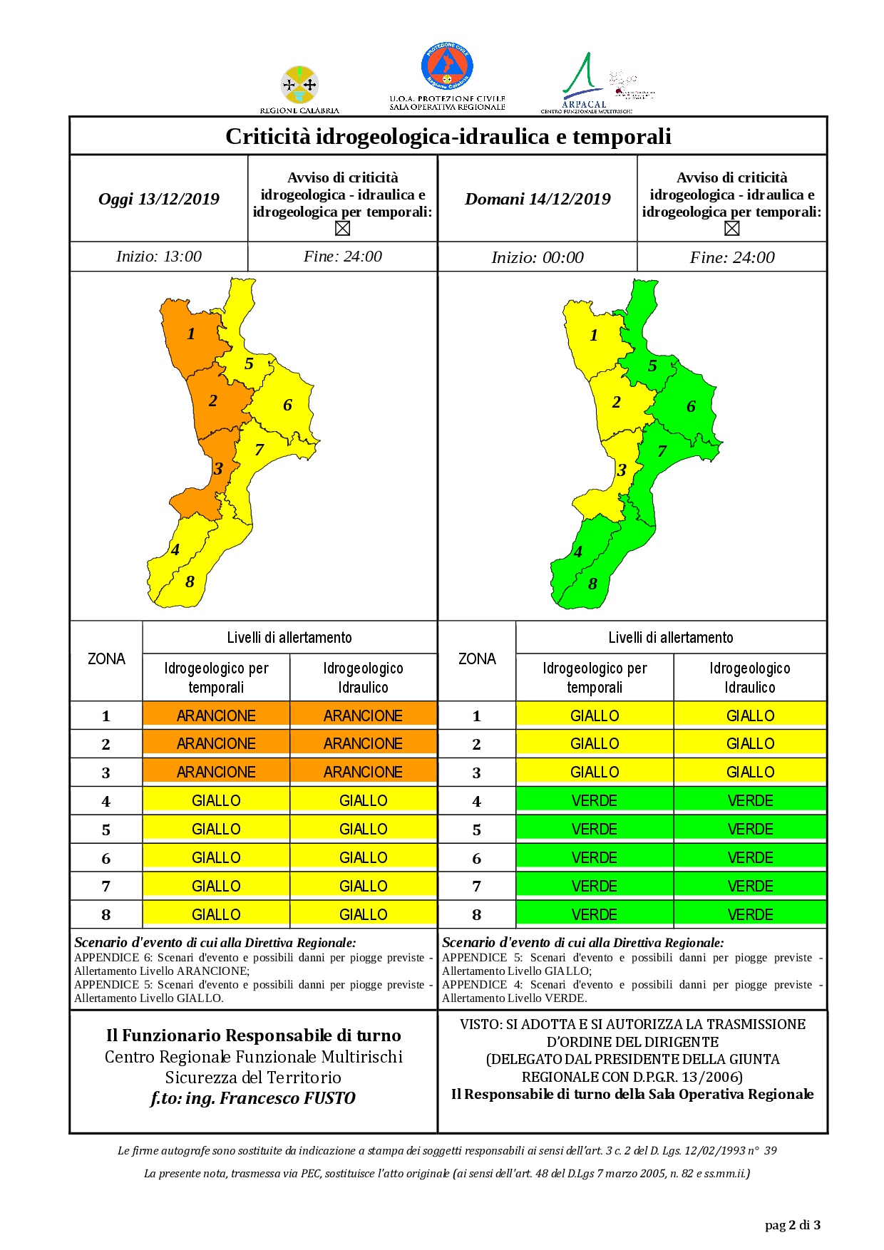 Criticità idrogeologica-idraulica e temporali in Calabria 13-12-2019