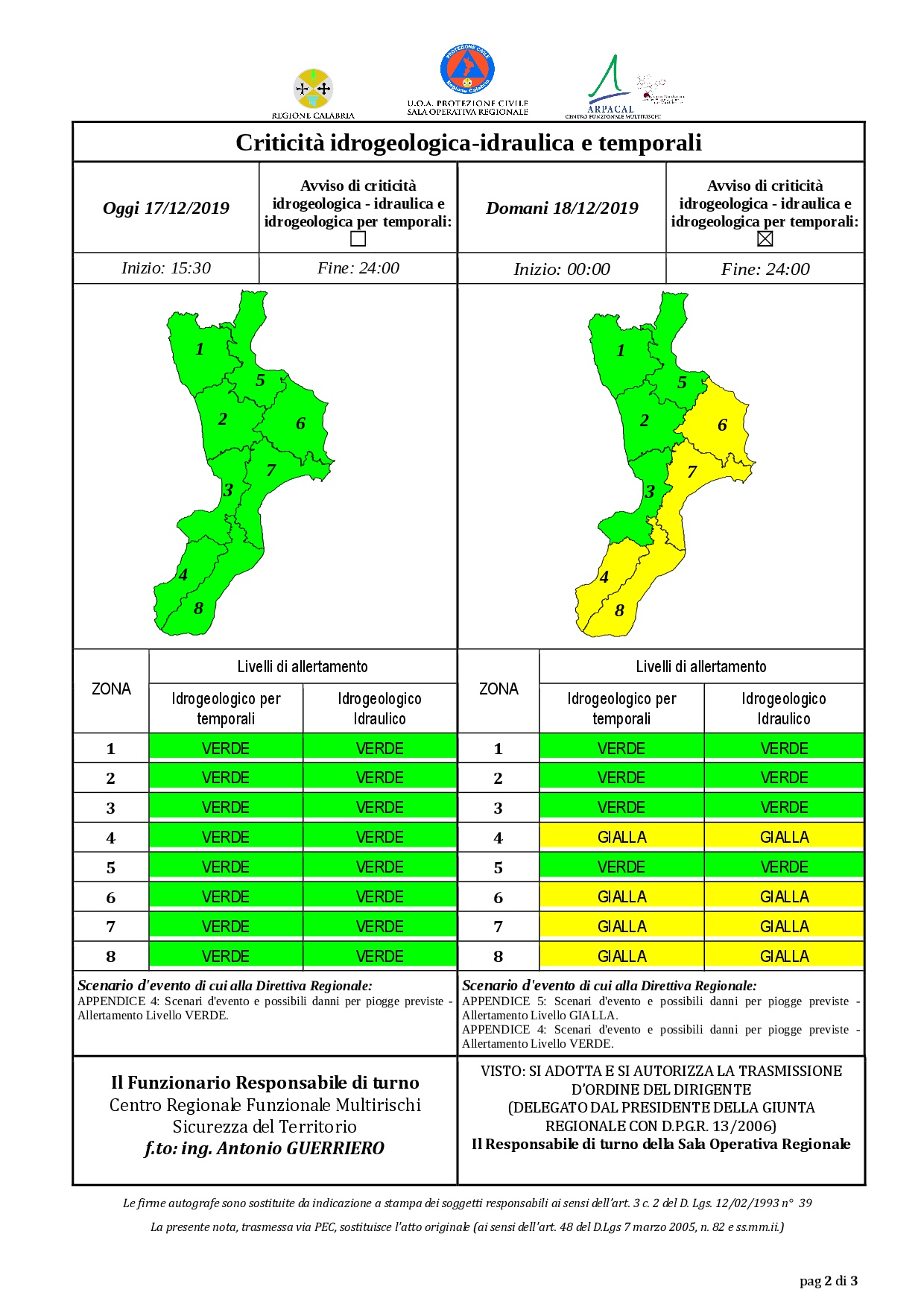 Criticità idrogeologica-idraulica e temporali in Calabria 17-12-2019