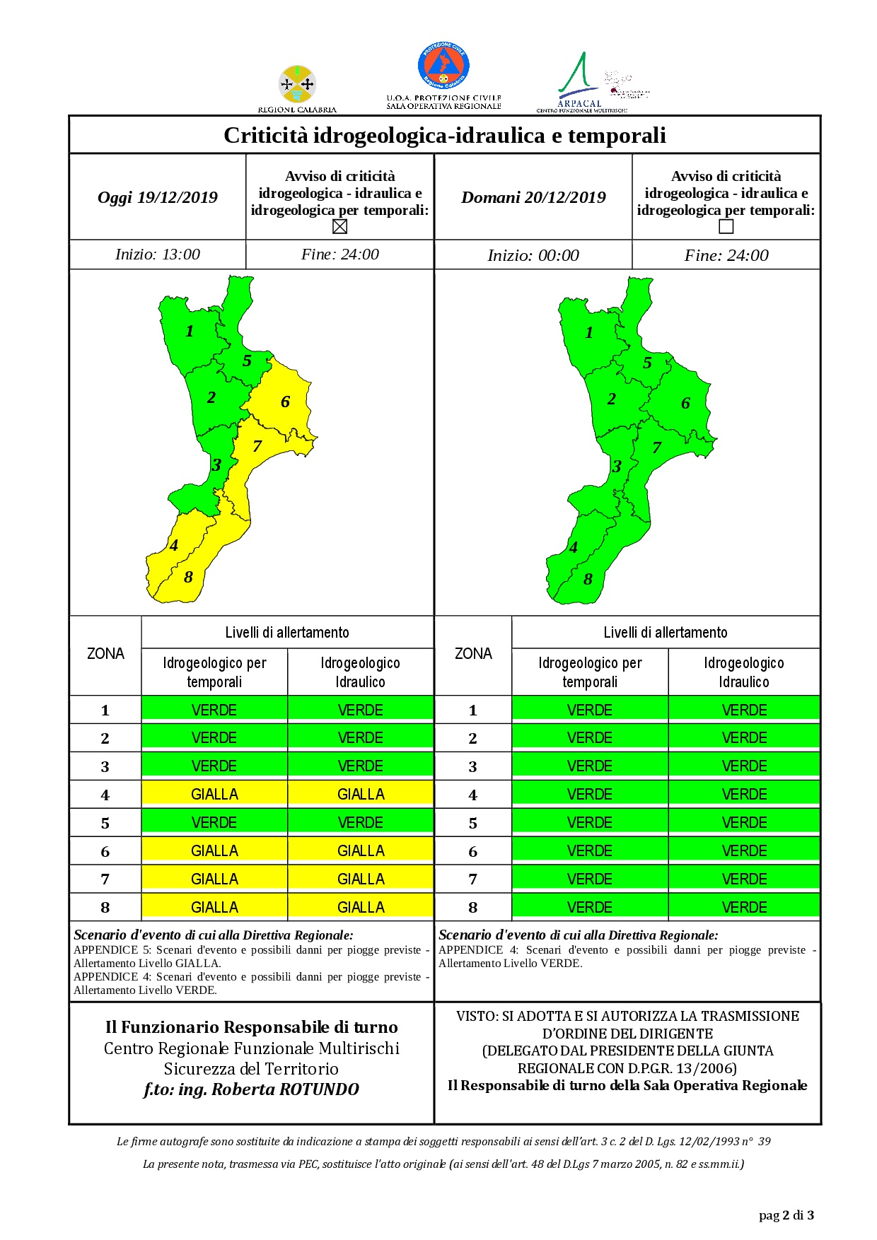 Criticità idrogeologica-idraulica e temporali in Calabria 19-12-2019