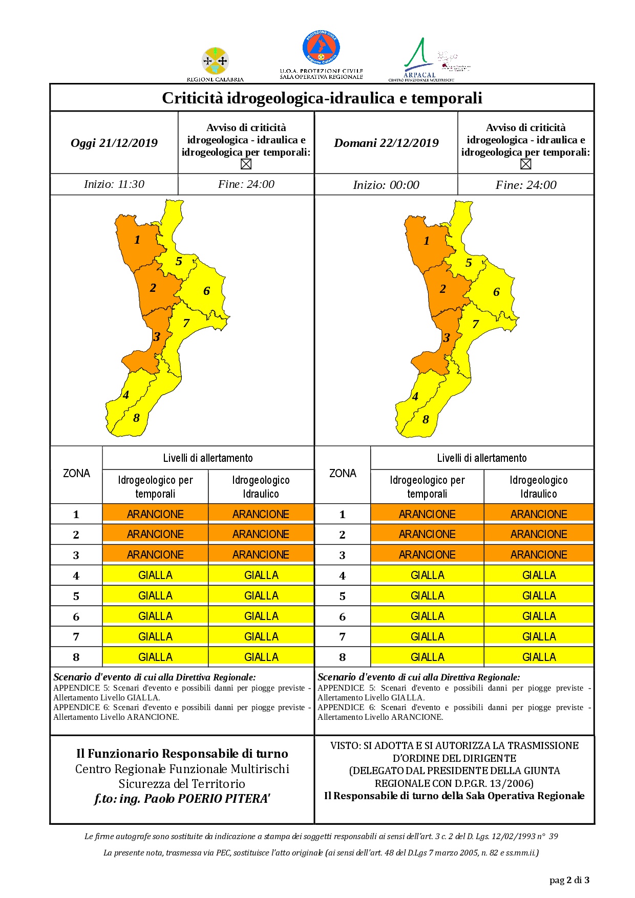 Criticità idrogeologica-idraulica e temporali in Calabria 21-12-2019