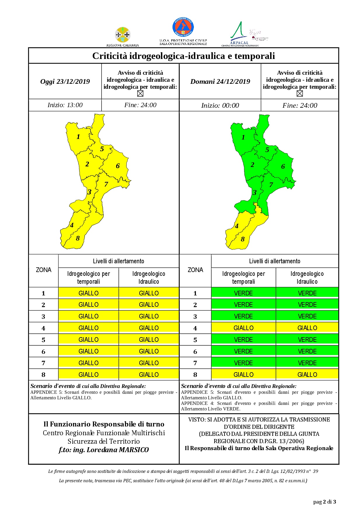 Criticità idrogeologica-idraulica e temporali in Calabria 23-12-2019