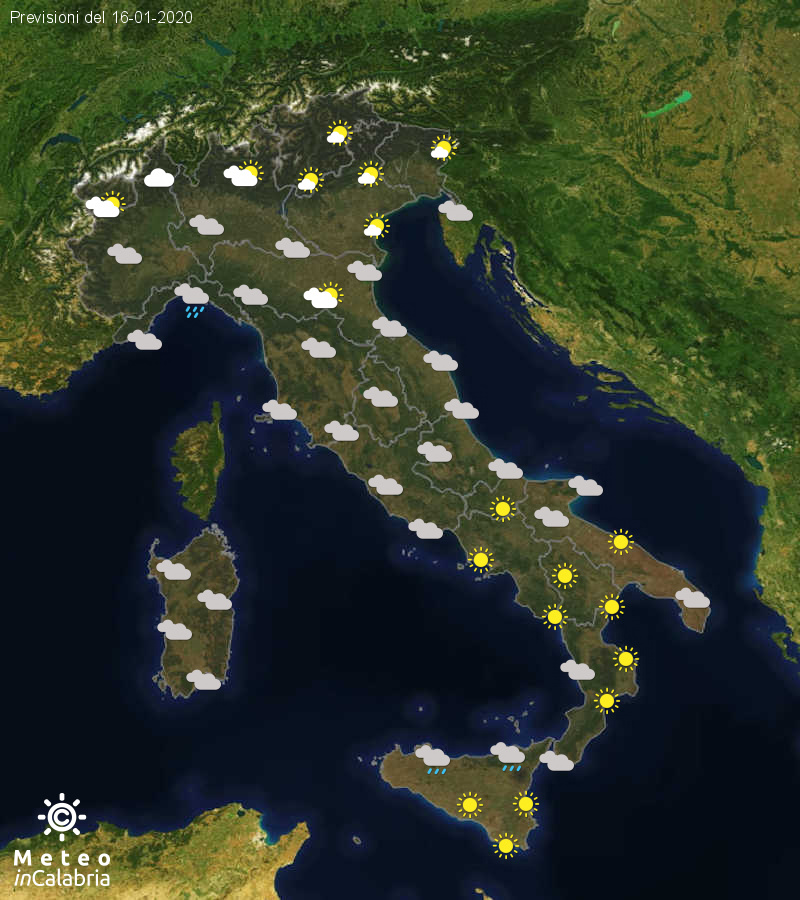 Previsioni del tempo in Italia per il giorno 16/01/2020