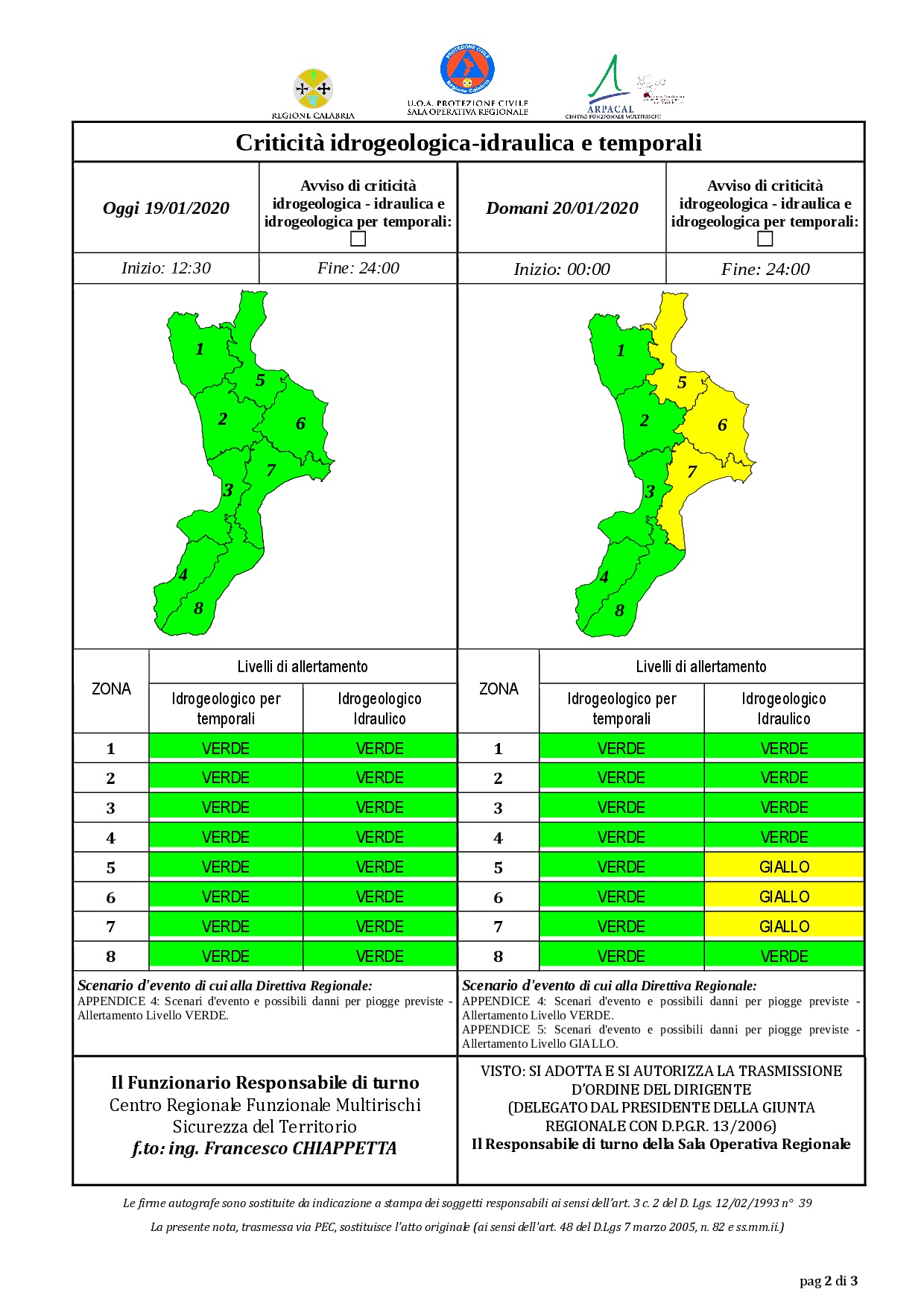 Criticità idrogeologica-idraulica e temporali in Calabria 19-01-2020