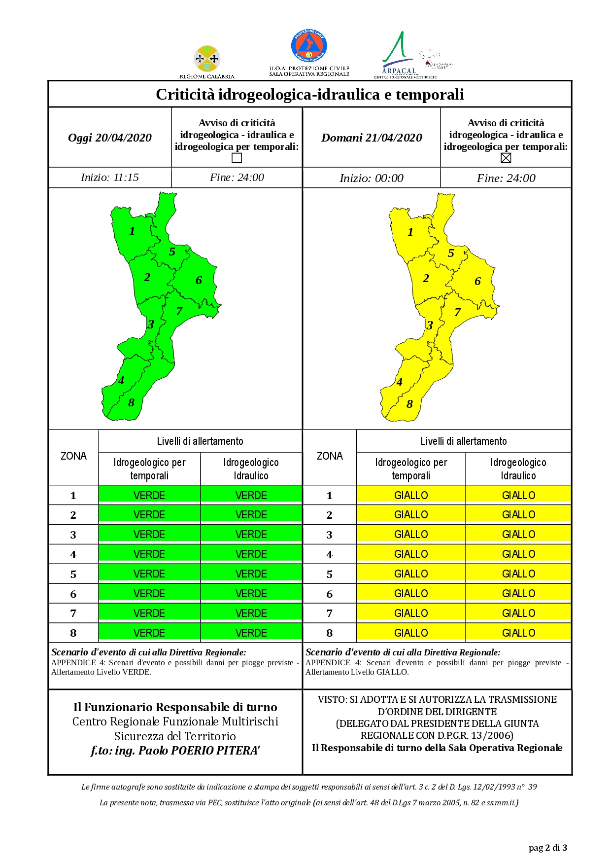 Criticità idrogeologica-idraulica e temporali in Calabria 20-04-2020