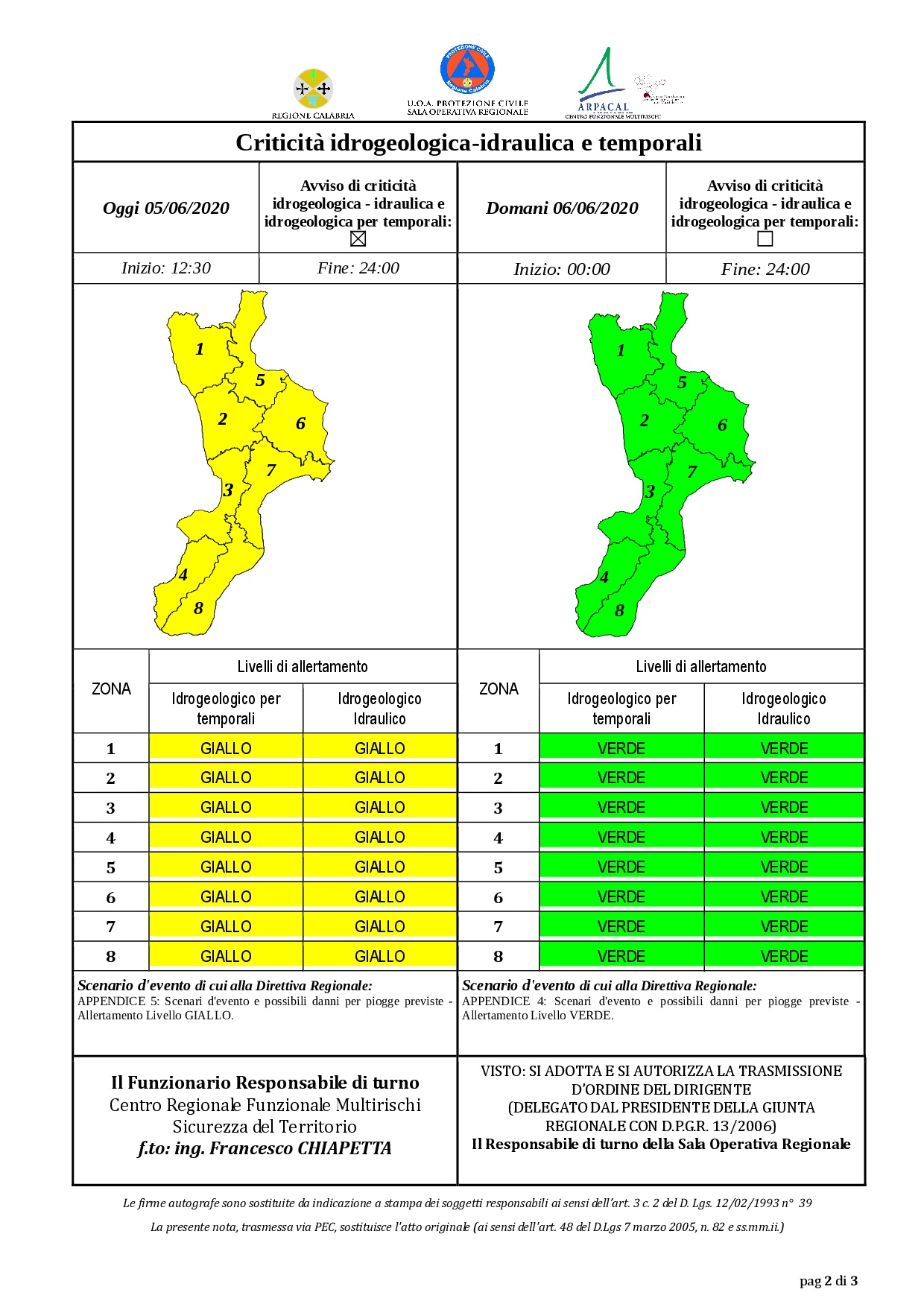 Criticità idrogeologica-idraulica e temporali in Calabria 05-06-2020