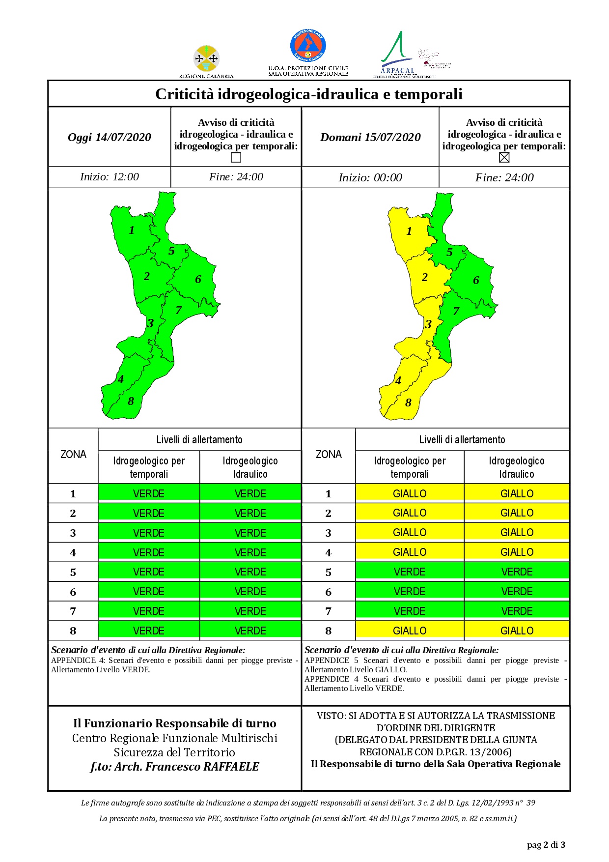 Criticità idrogeologica-idraulica e temporali in Calabria 14-07-2020