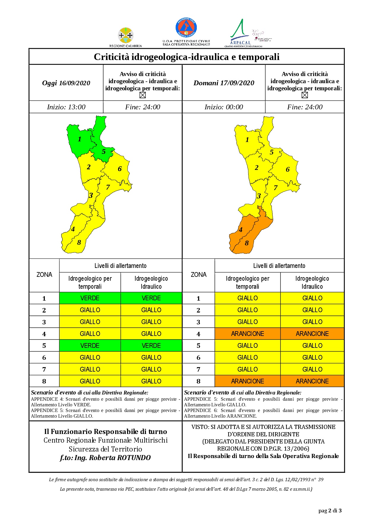 Criticità idrogeologica-idraulica e temporali in Calabria 16-09-2020