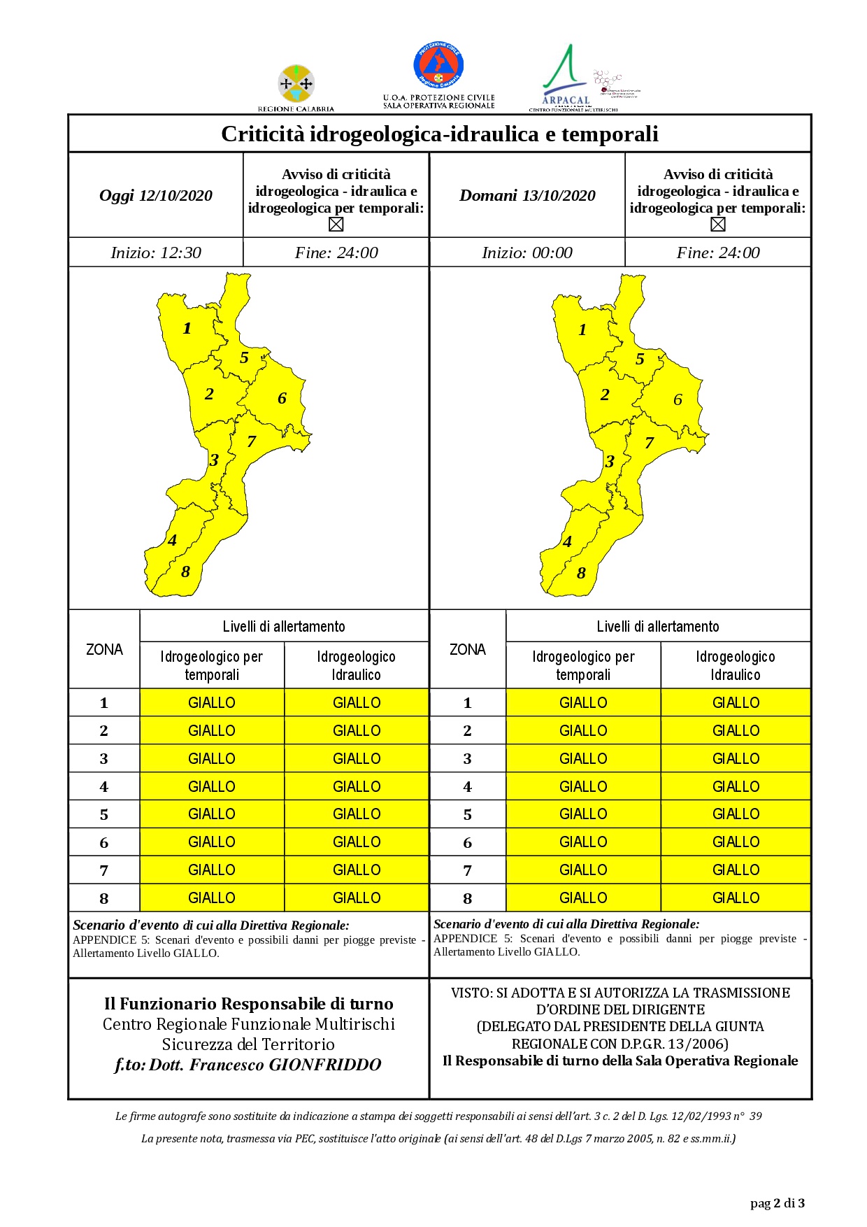 Criticità idrogeologica-idraulica e temporali in Calabria 12-10-2020