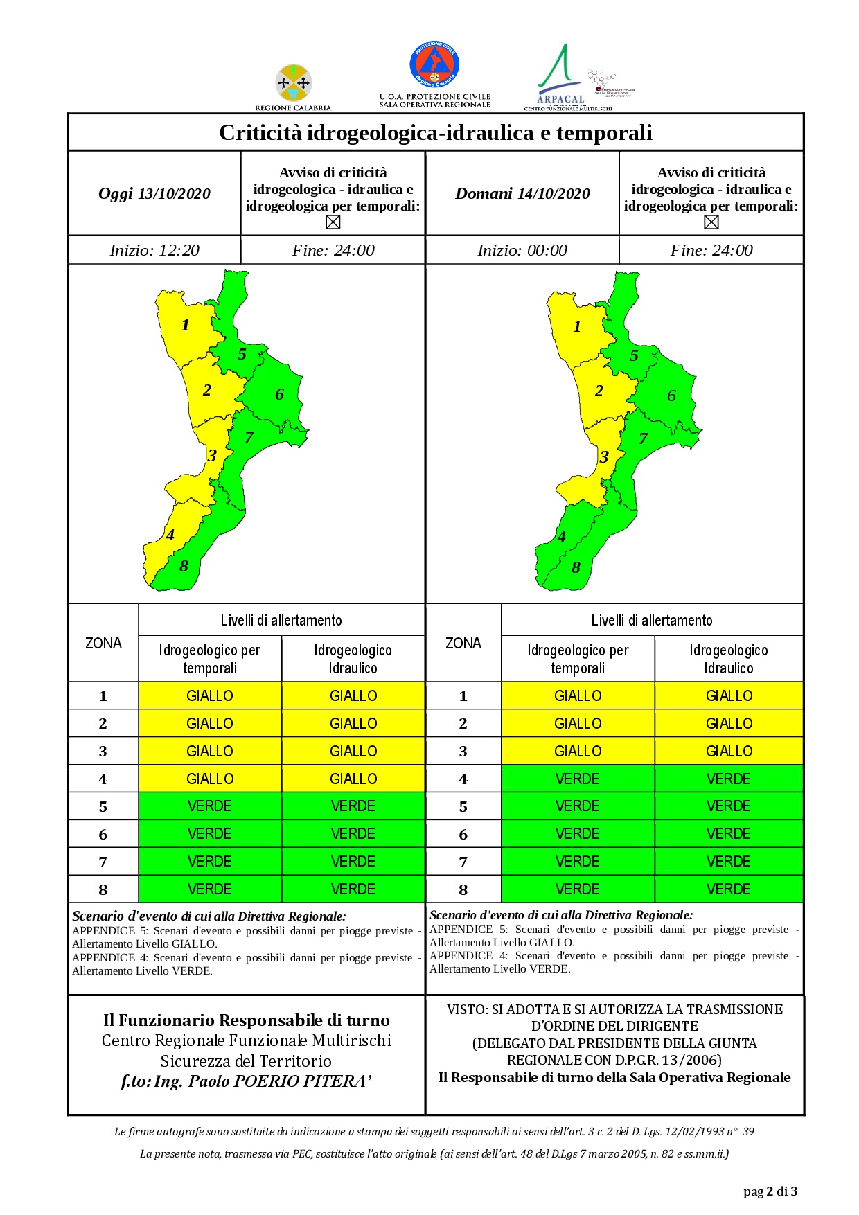 Criticità idrogeologica-idraulica e temporali in Calabria 13-10-2020