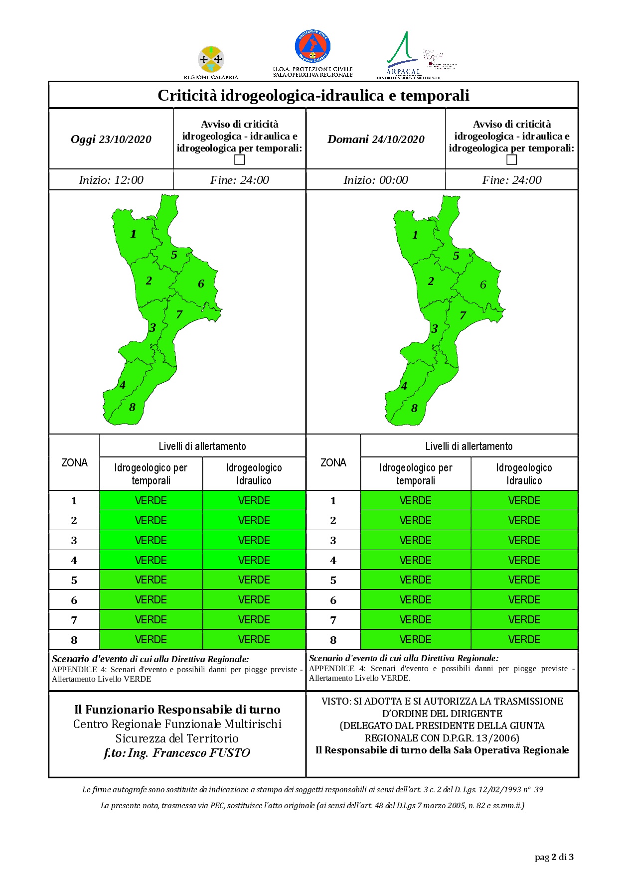 Criticità idrogeologica-idraulica e temporali in Calabria 23-10-2020