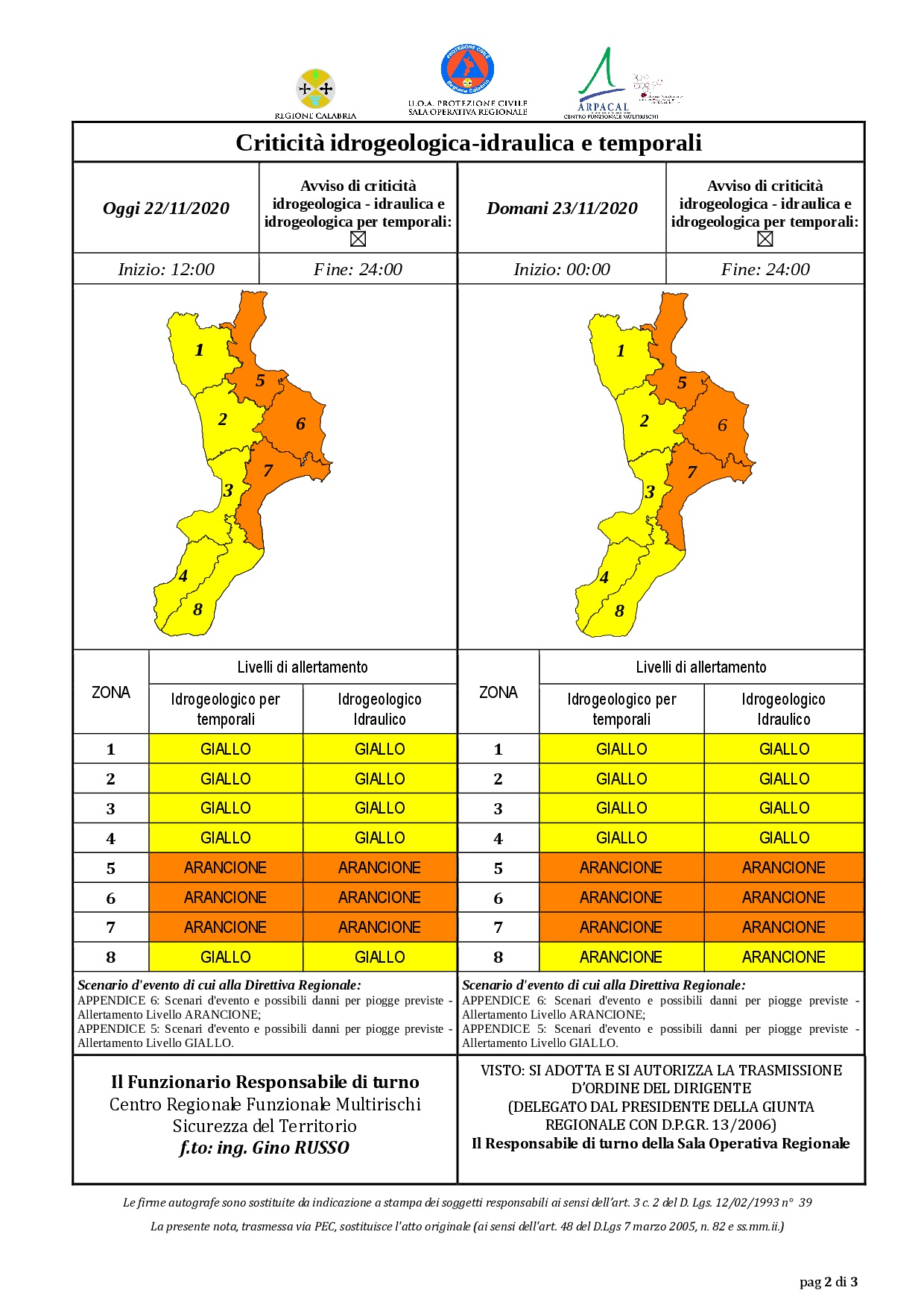 Criticità idrogeologica-idraulica e temporali in Calabria 22-11-2020