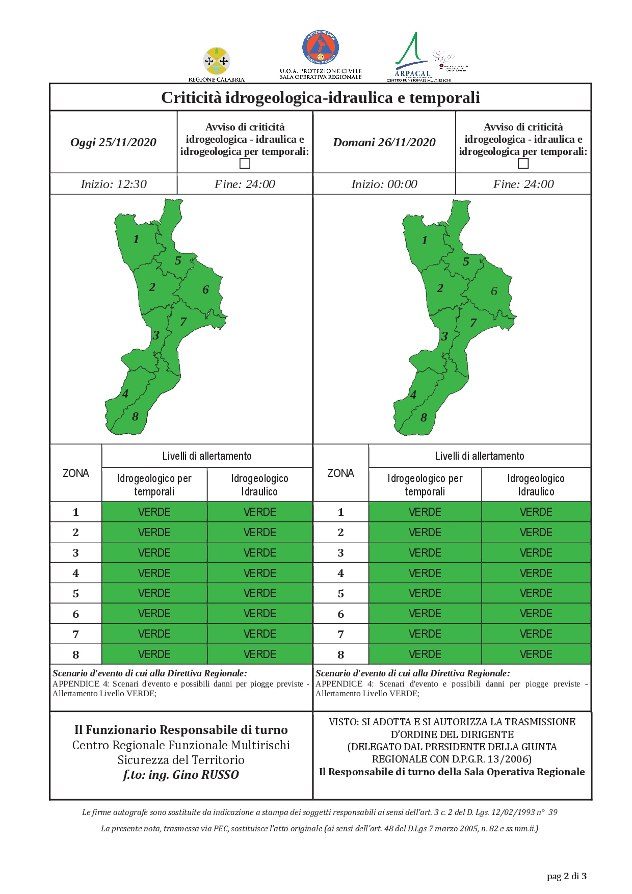 Criticità idrogeologica-idraulica e temporali in Calabria 25-11-2020