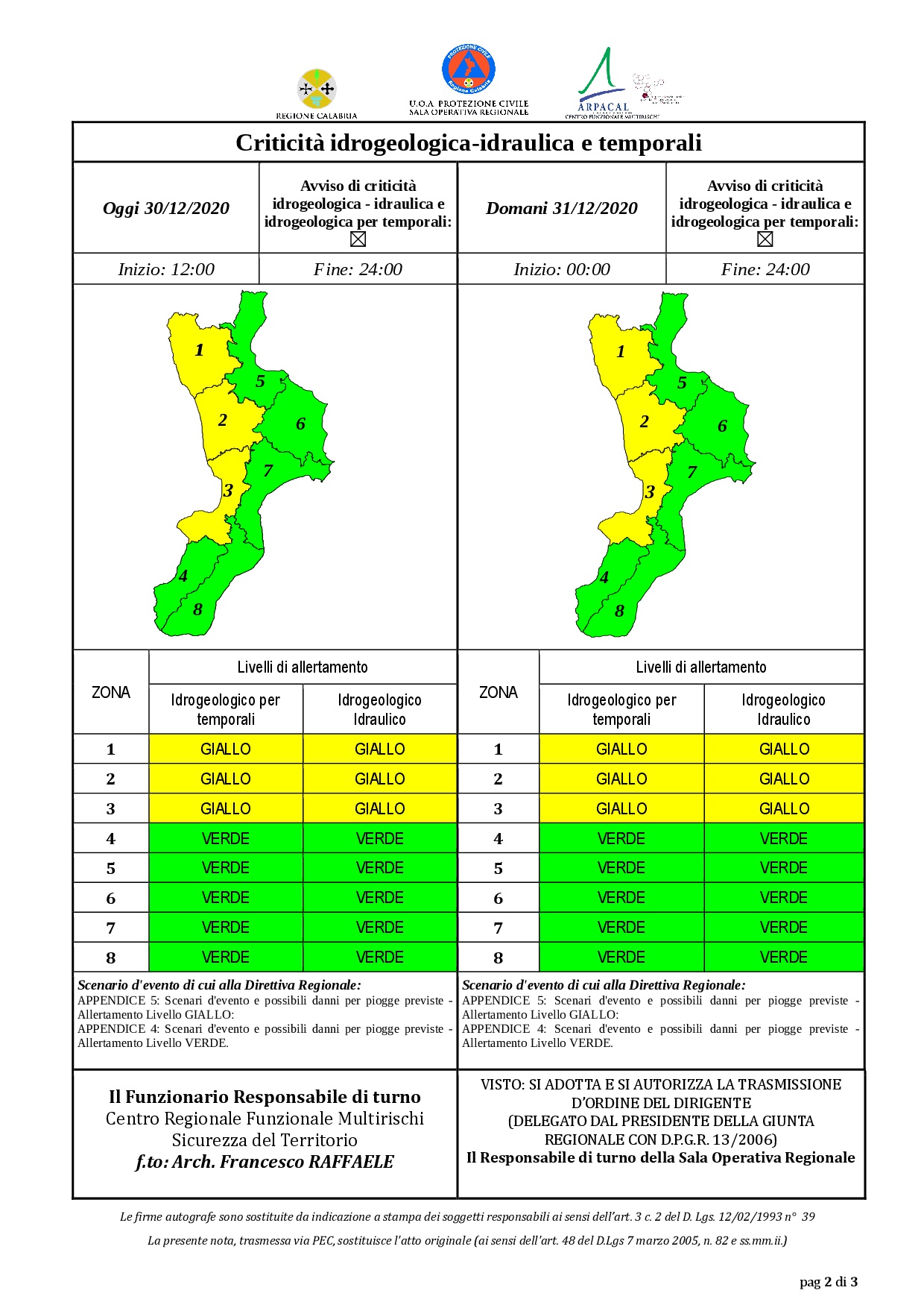 Criticità idrogeologica-idraulica e temporali in Calabria 30-12-2020