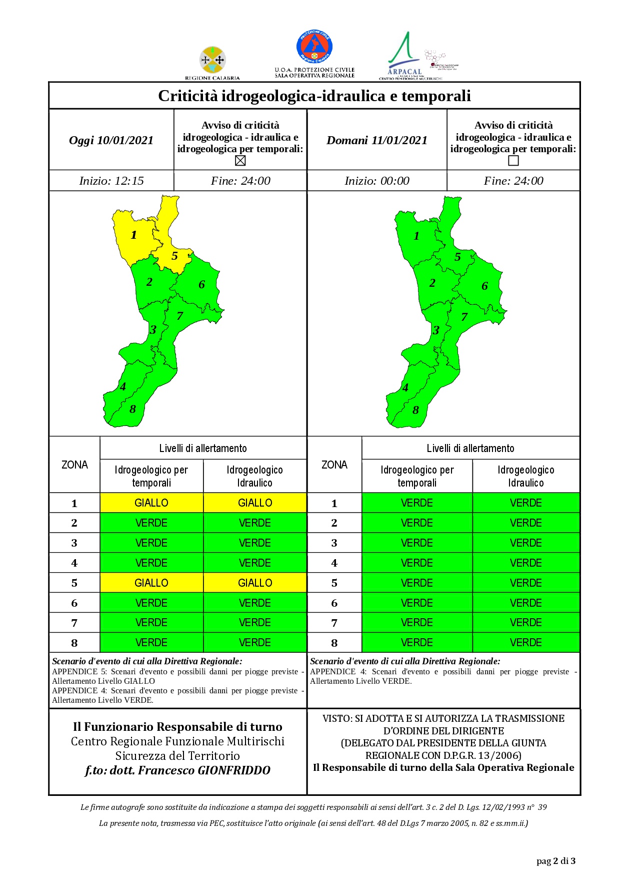 Criticità idrogeologica-idraulica e temporali in Calabria 10-01-2021