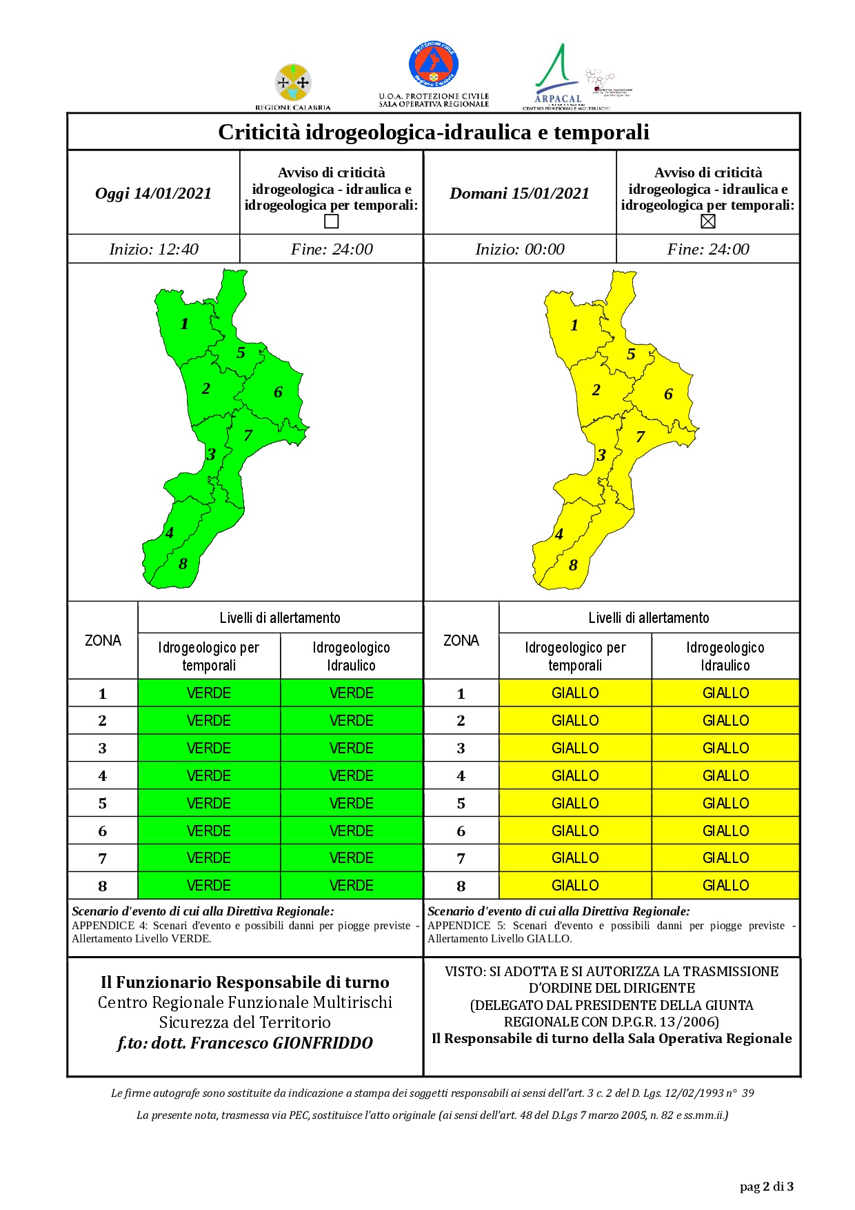 Criticità idrogeologica-idraulica e temporali in Calabria 14-01-2021