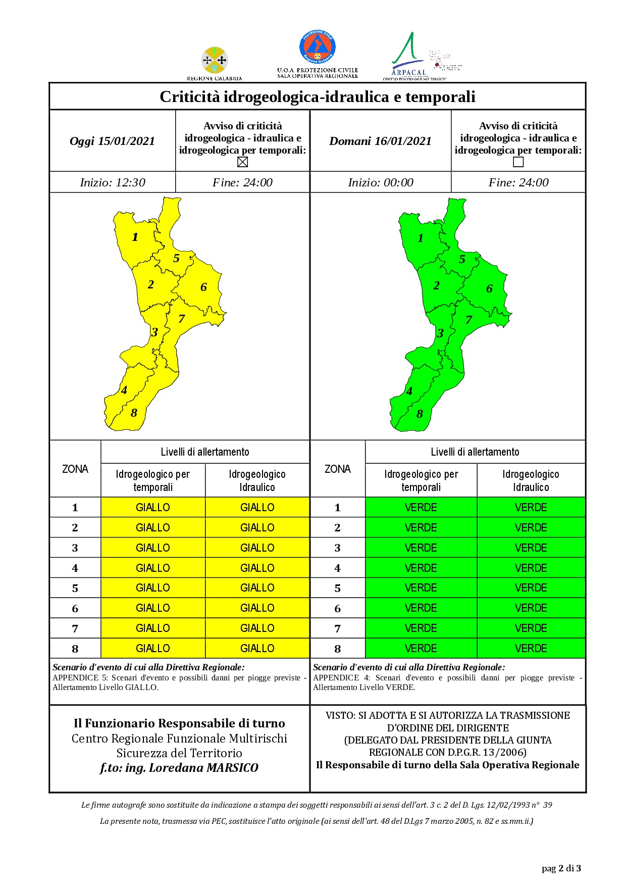 Criticità idrogeologica-idraulica e temporali in Calabria 15-01-2021