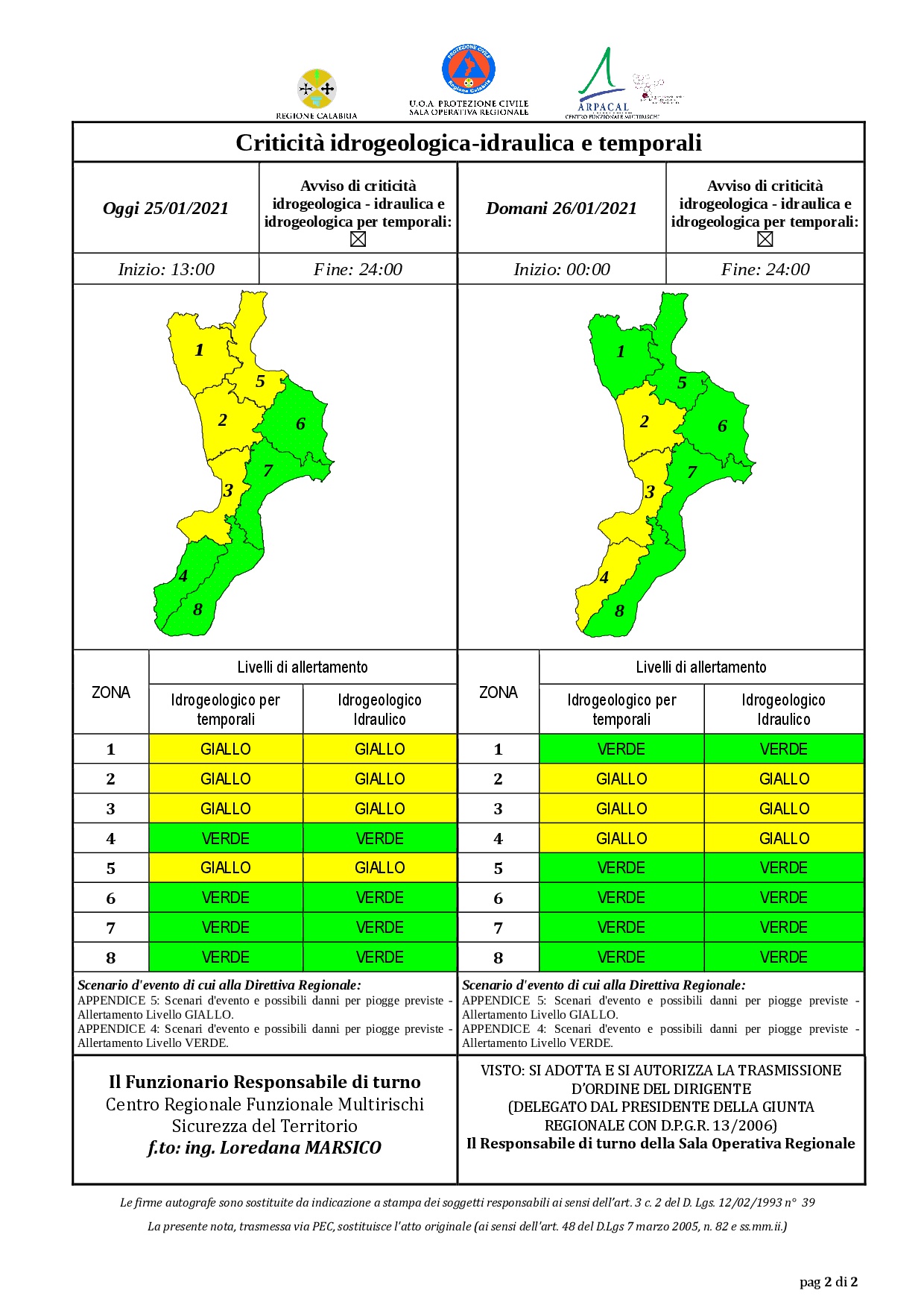 Criticità idrogeologica-idraulica e temporali in Calabria 25-01-2021