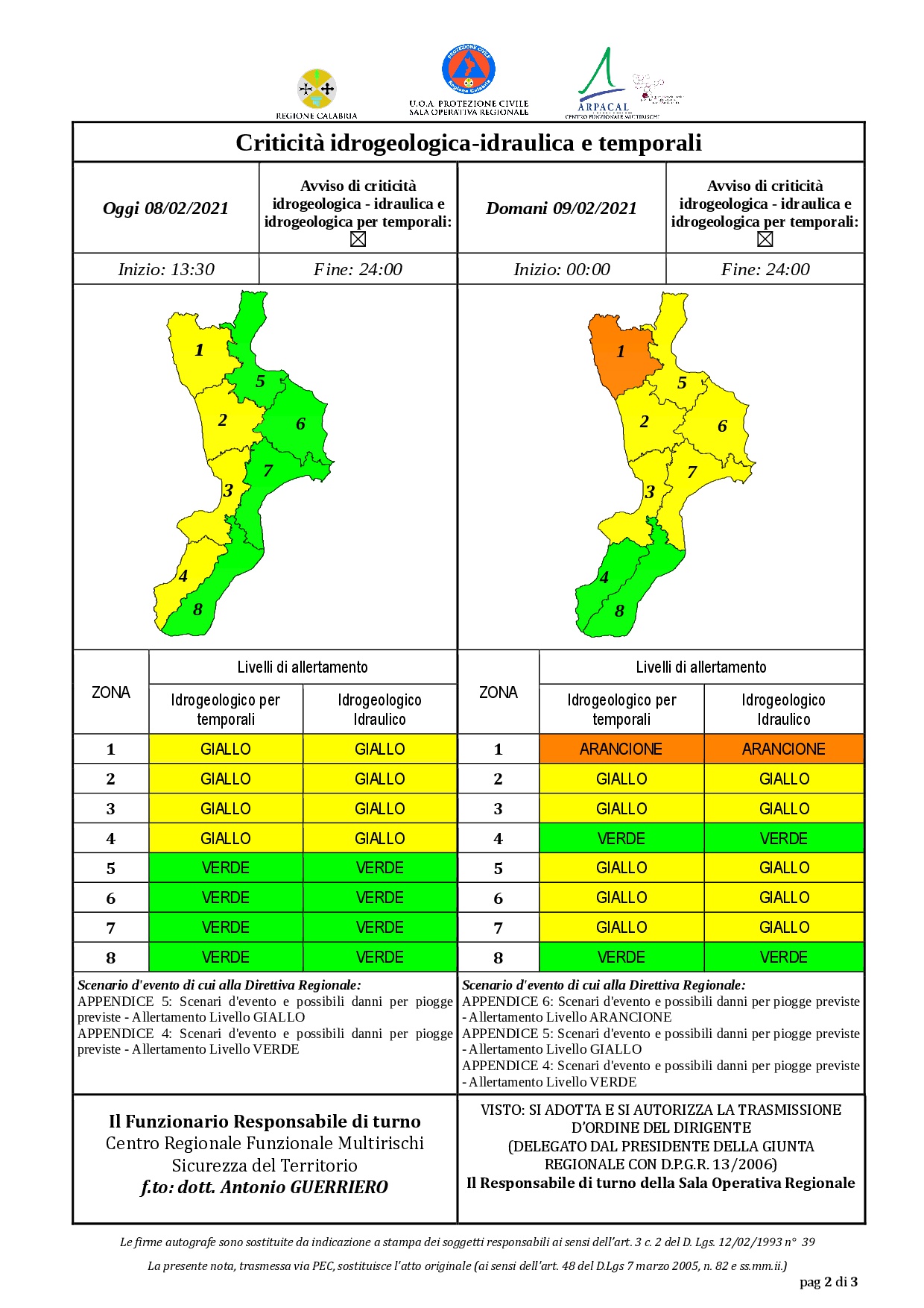 Criticità idrogeologica-idraulica e temporali in Calabria 08-02-2021