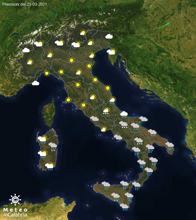 Previsioni del tempo in Italia per il giorno 21/03/2021