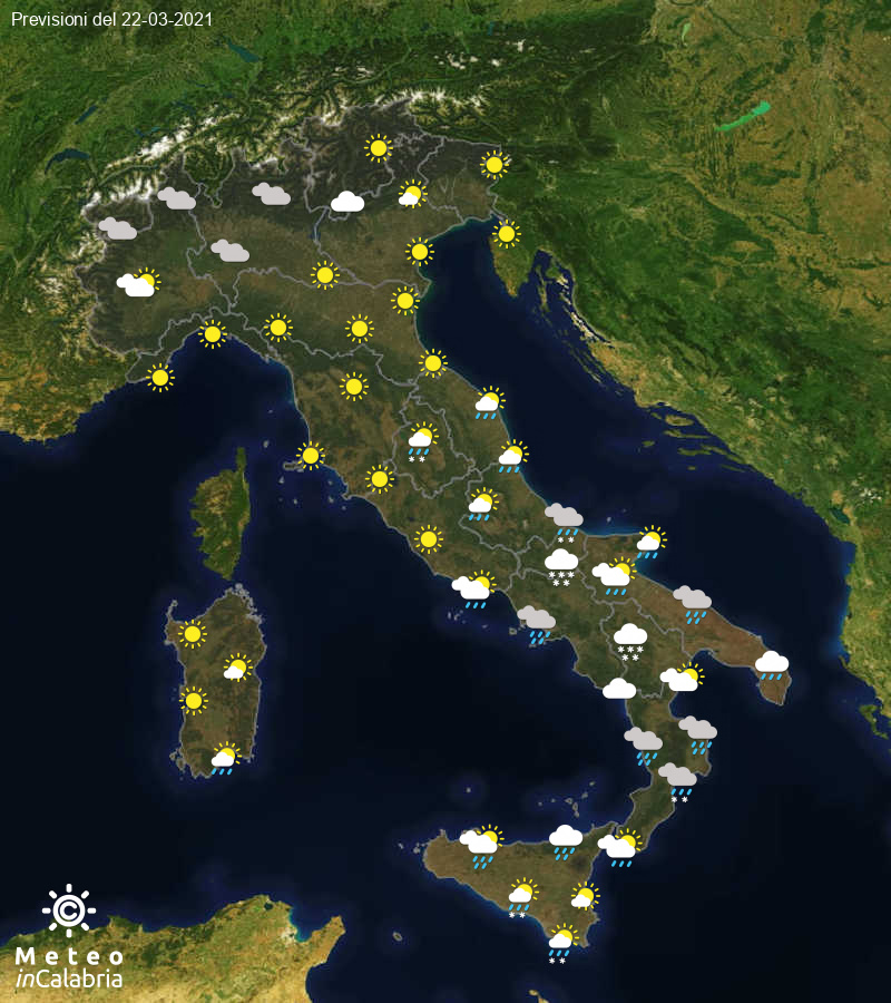 Previsioni del tempo in Italia per il giorno 22/03/2021