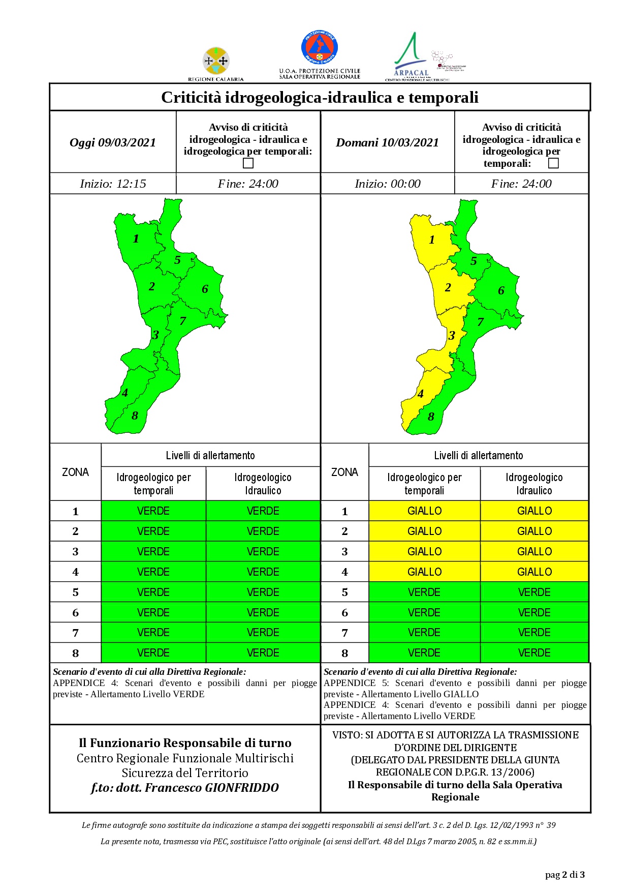 Criticità idrogeologica-idraulica e temporali in Calabria 09-03-2021