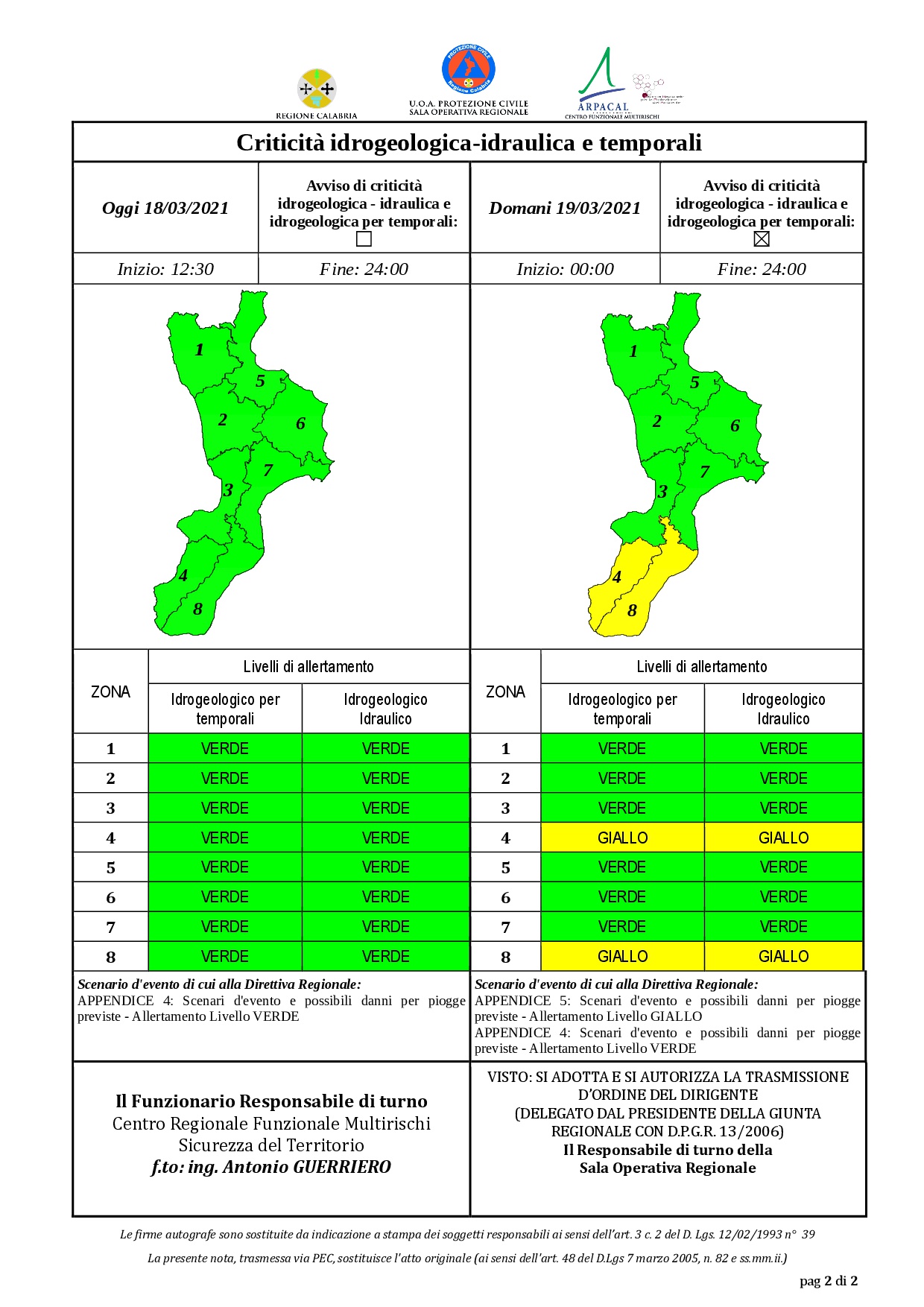 Criticità idrogeologica-idraulica e temporali in Calabria 18-03-2021