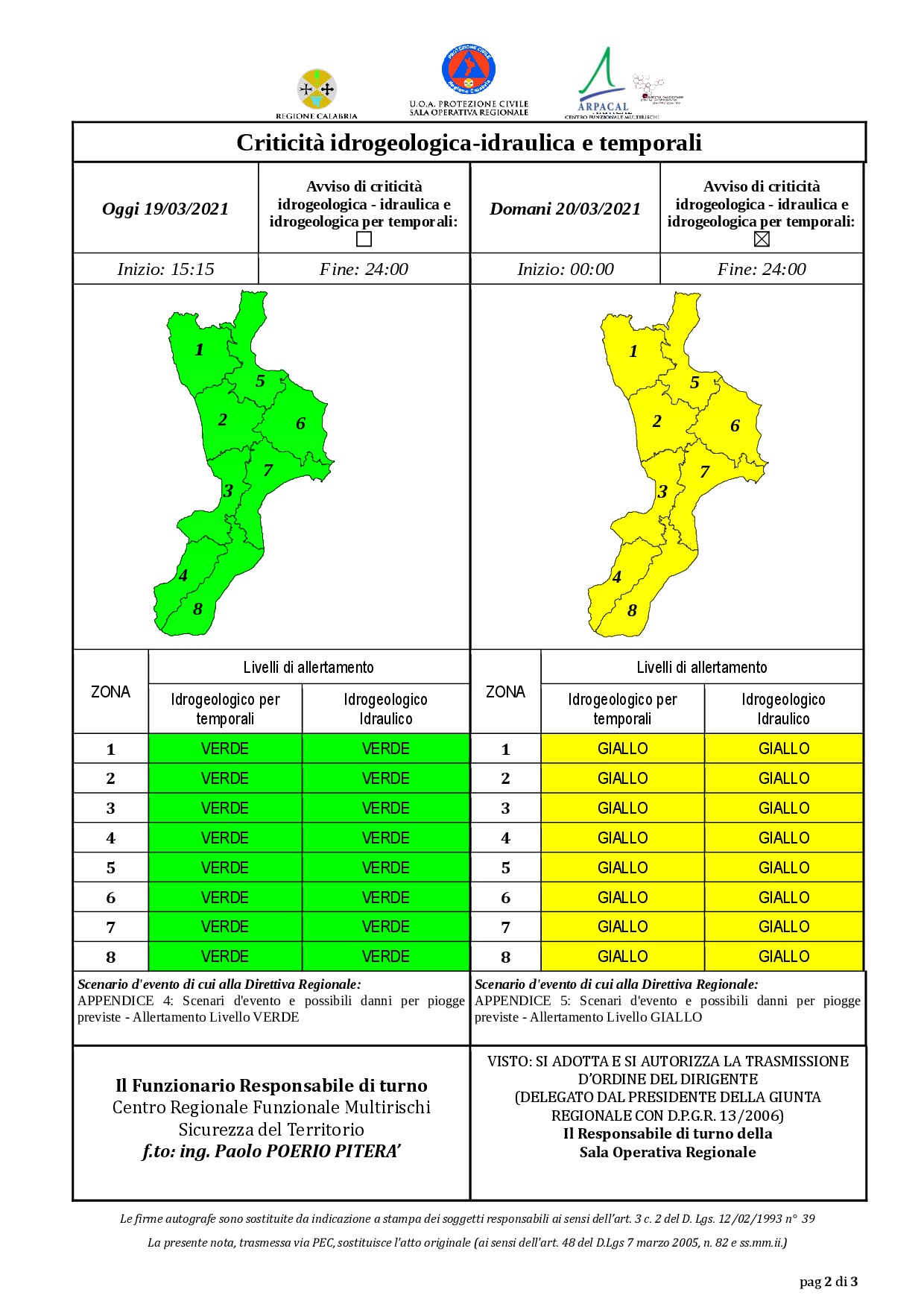 Criticità idrogeologica-idraulica e temporali in Calabria 19-03-2021