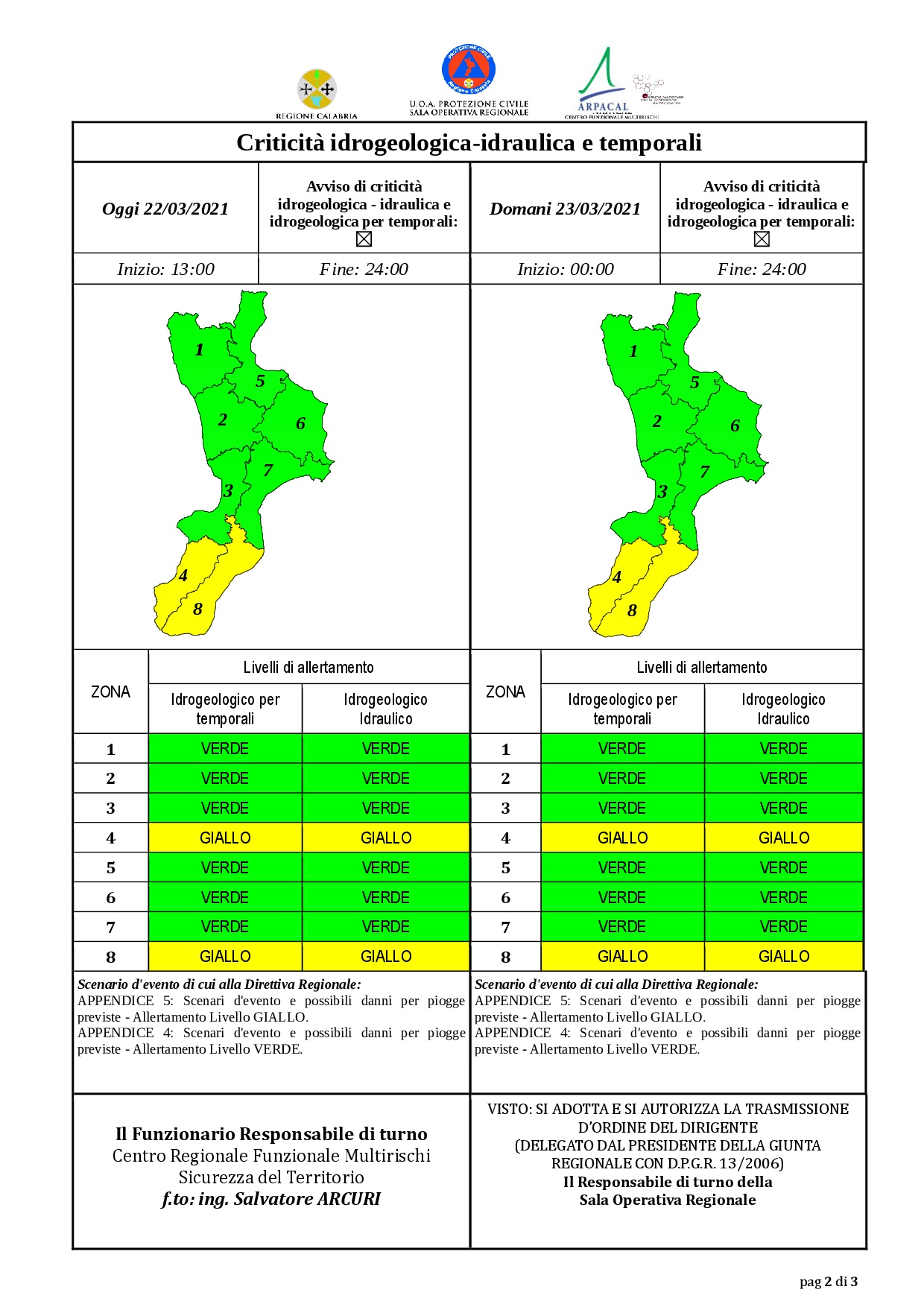 Criticità idrogeologica-idraulica e temporali in Calabria 22-03-2021