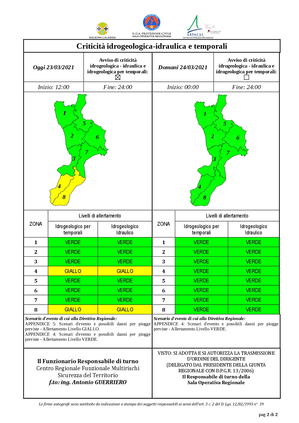 Criticità idrogeologica-idraulica e temporali in Calabria 23-03-2021