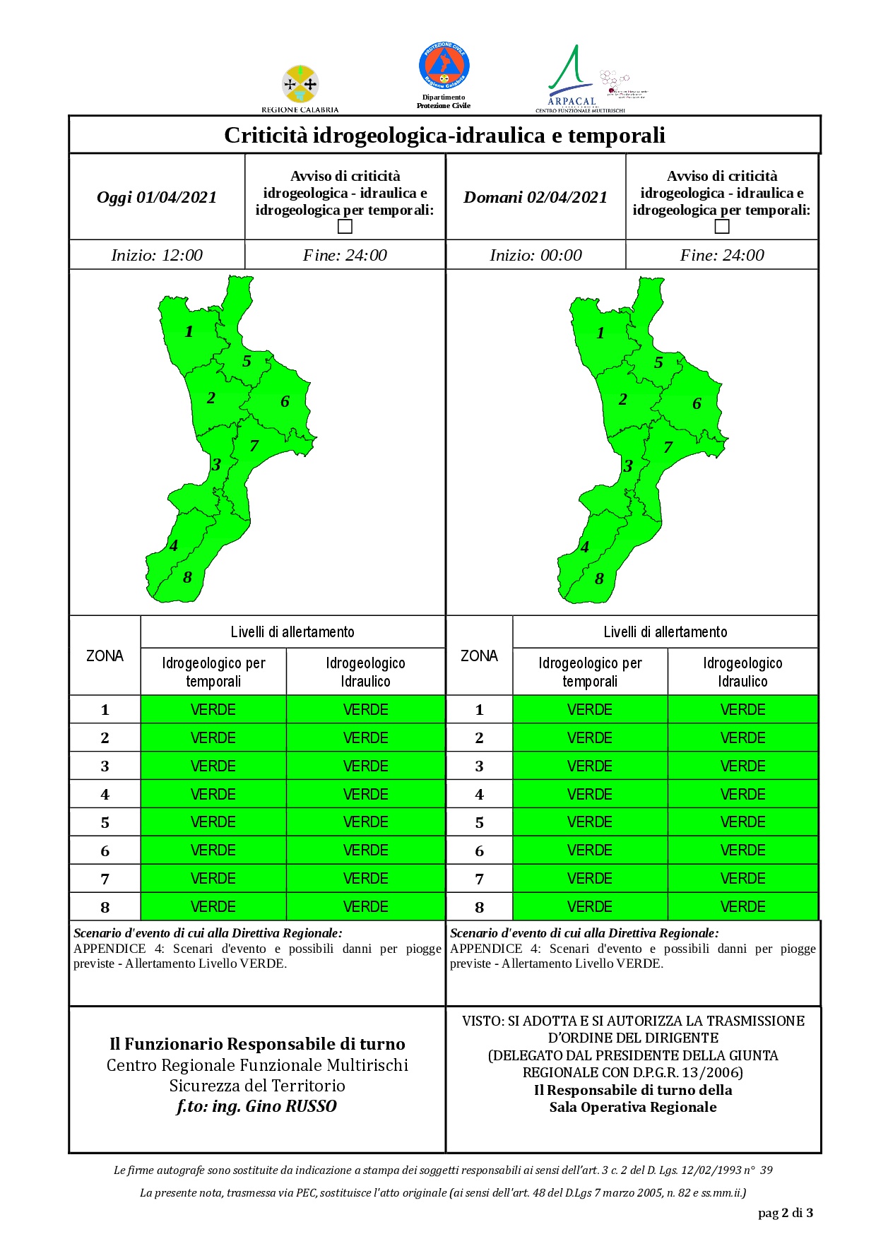 Criticità idrogeologica-idraulica e temporali in Calabria 01-04-2021