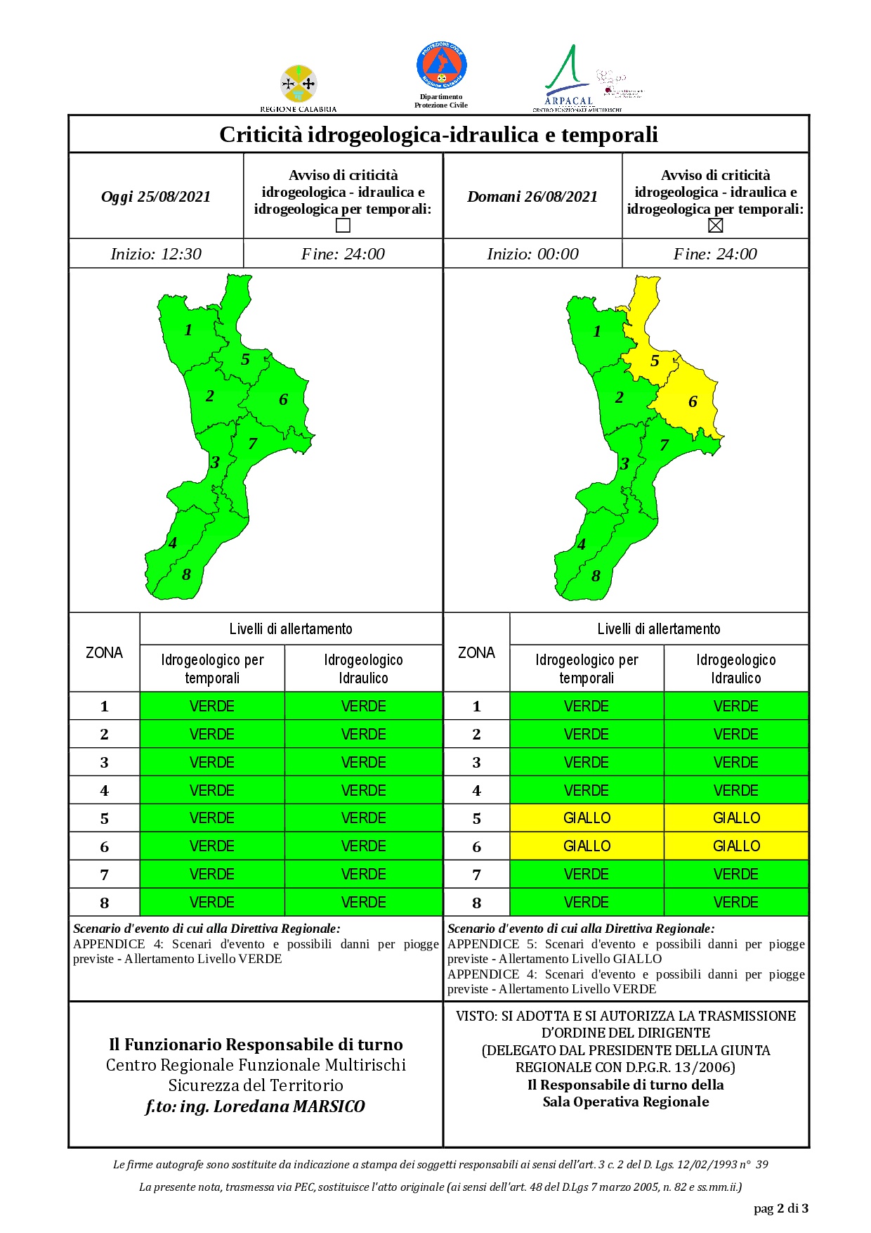 Criticità idrogeologica-idraulica e temporali in Calabria 25-08-2021