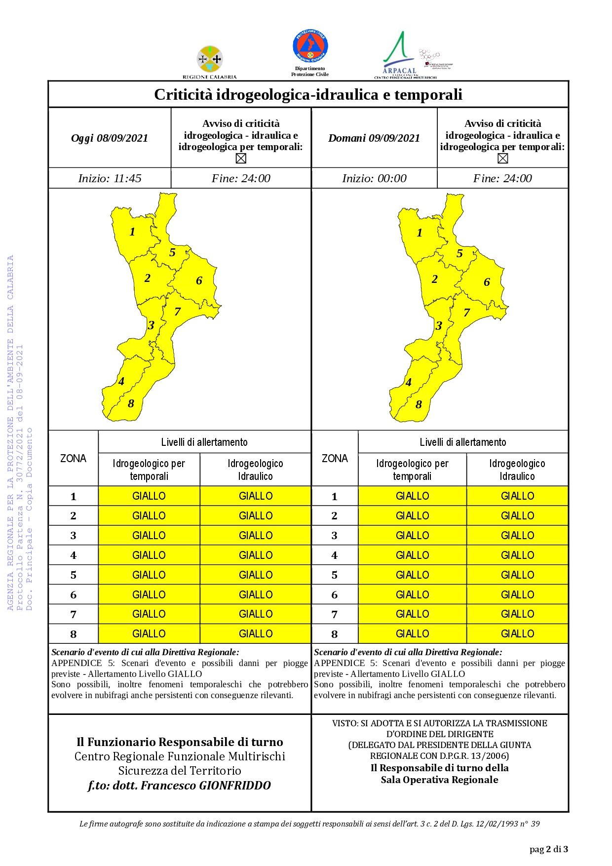 Criticità idrogeologica-idraulica e temporali in Calabria 08-09-2021