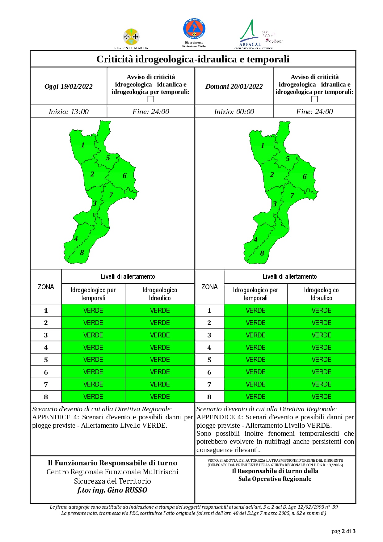 Criticità idrogeologica-idraulica e temporali in Calabria 19-01-2022