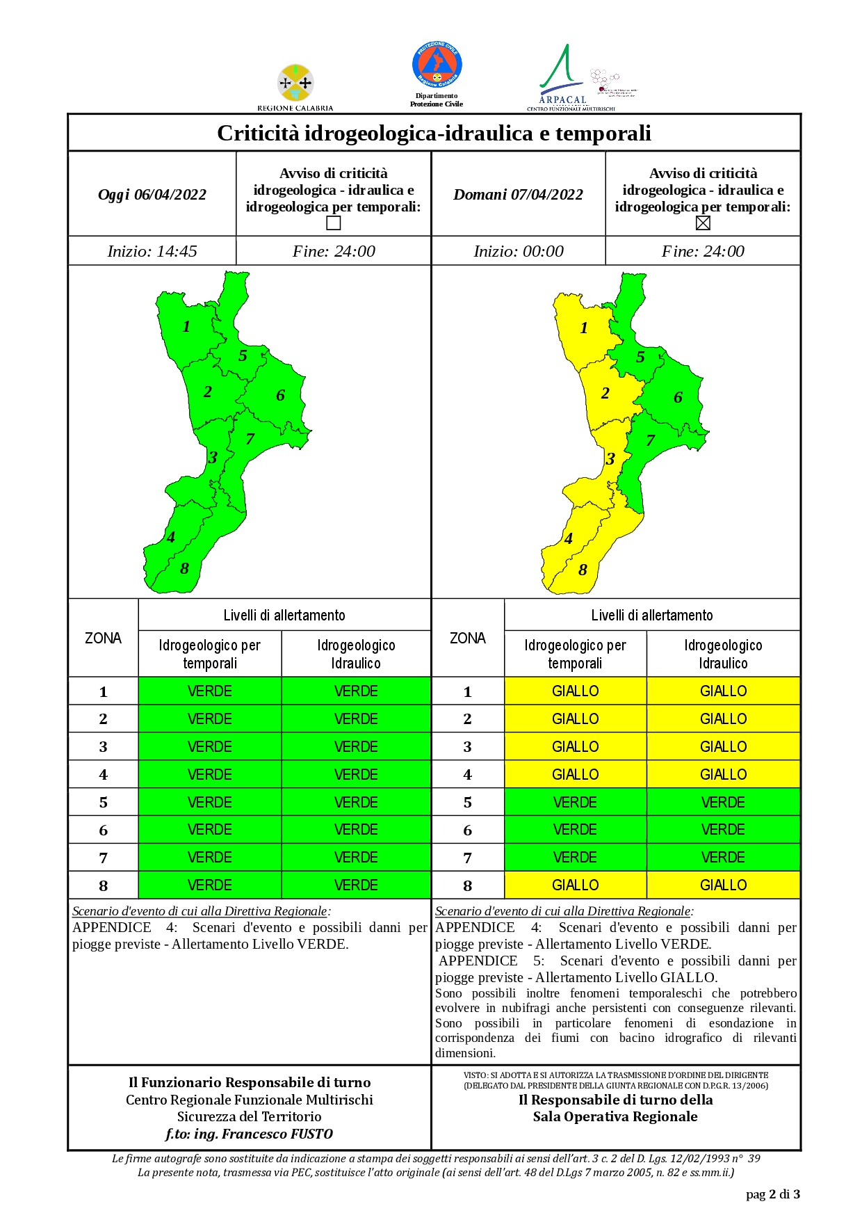 Criticità idrogeologica-idraulica e temporali in Calabria 06-04-2022