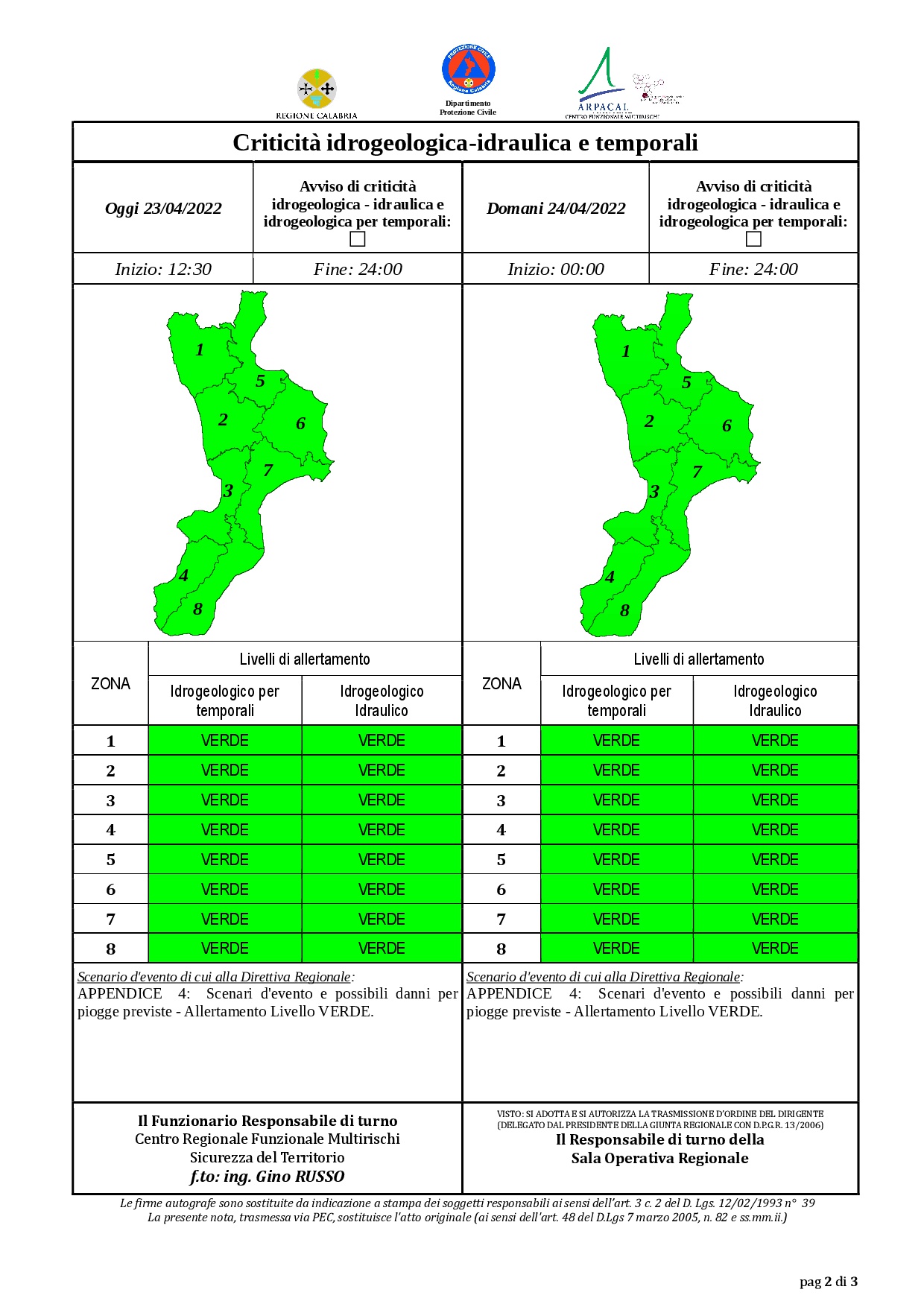 Criticità idrogeologica-idraulica e temporali in Calabria 23-04-2022