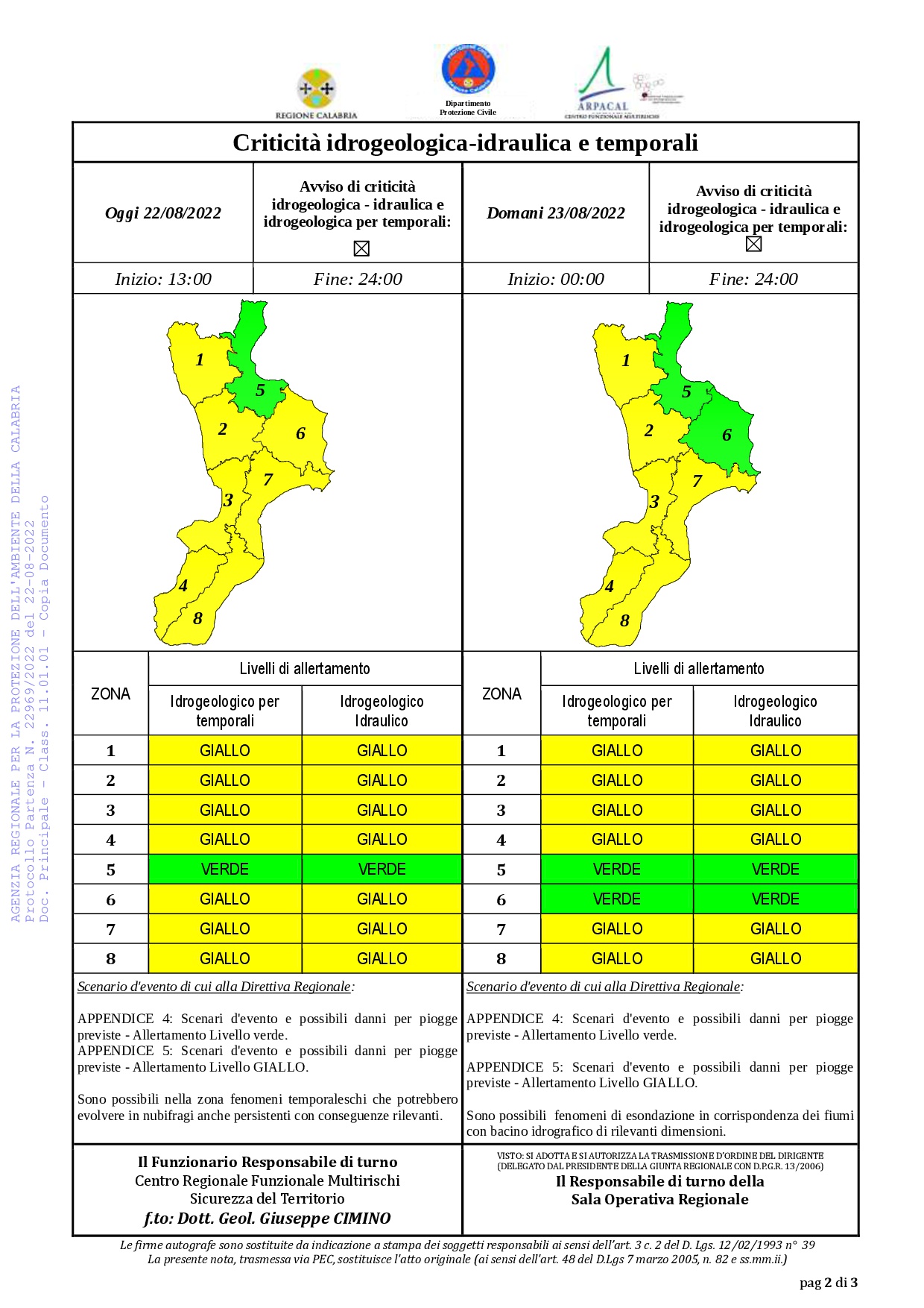 Criticità idrogeologica-idraulica e temporali in Calabria 22-08-2022