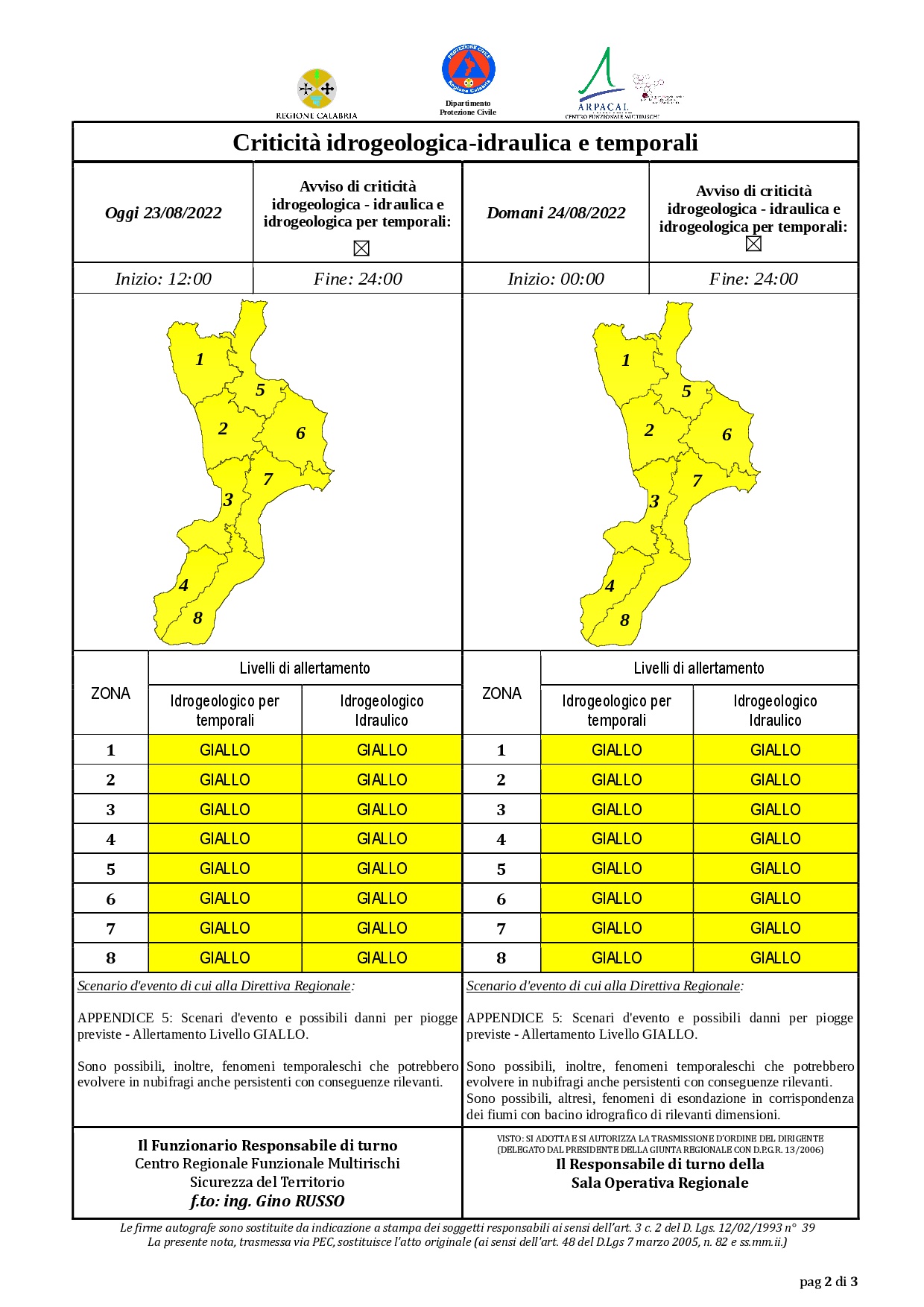 Criticità idrogeologica-idraulica e temporali in Calabria 23-08-2022