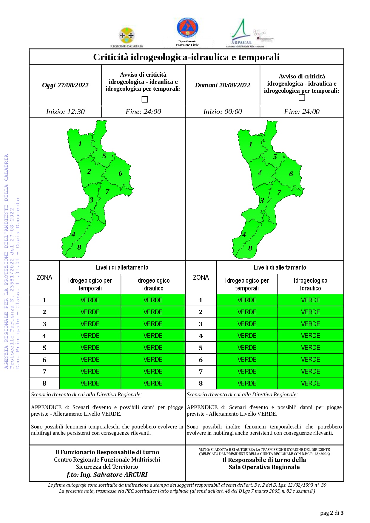 Criticità idrogeologica-idraulica e temporali in Calabria 27-08-2022