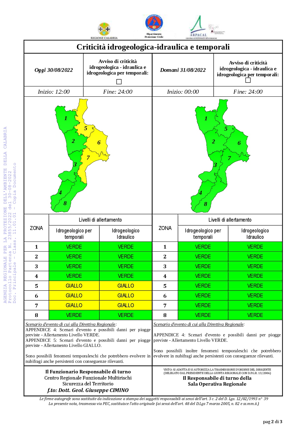 Criticità idrogeologica-idraulica e temporali in Calabria 30-08-2022