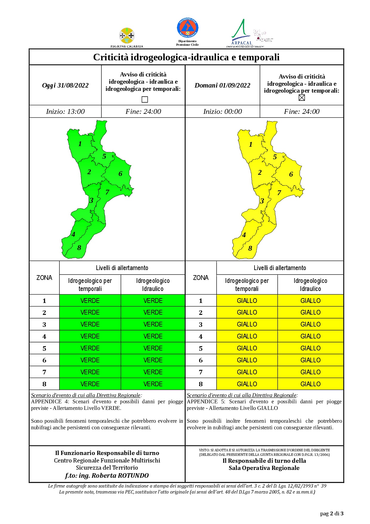 Criticità idrogeologica-idraulica e temporali in Calabria 31-08-2022