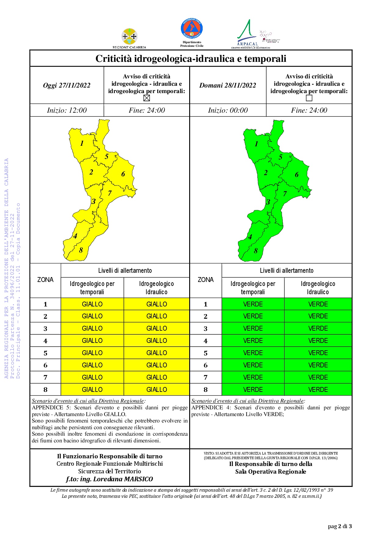 Criticità idrogeologica-idraulica e temporali in Calabria 27-11-2022