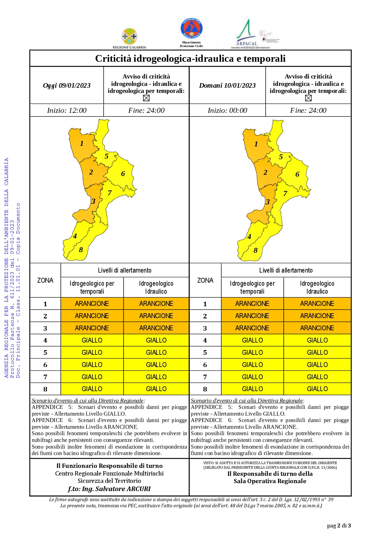 Criticità idrogeologica-idraulica e temporali in Calabria 09-01-2023