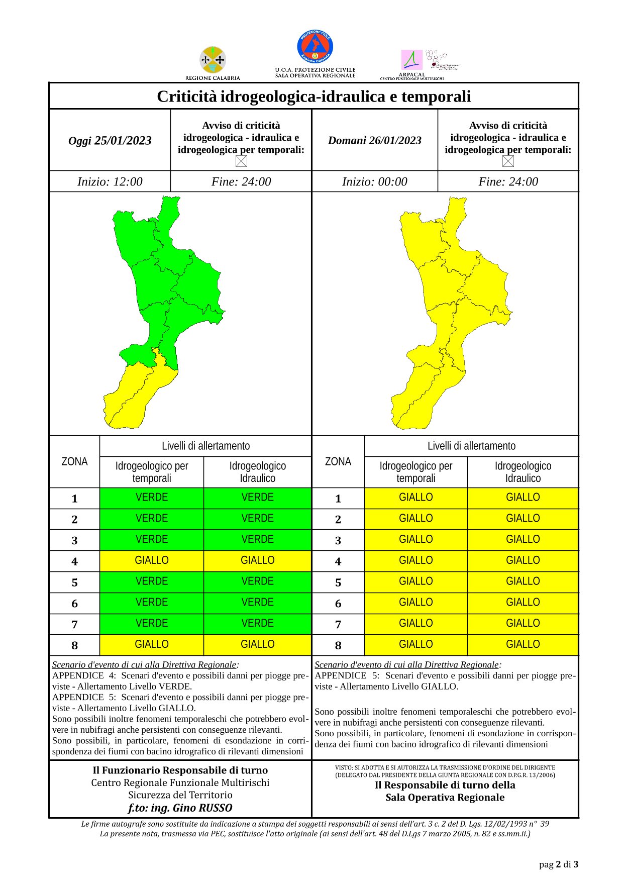 Criticità idrogeologica-idraulica e temporali in Calabria 25-01-2023