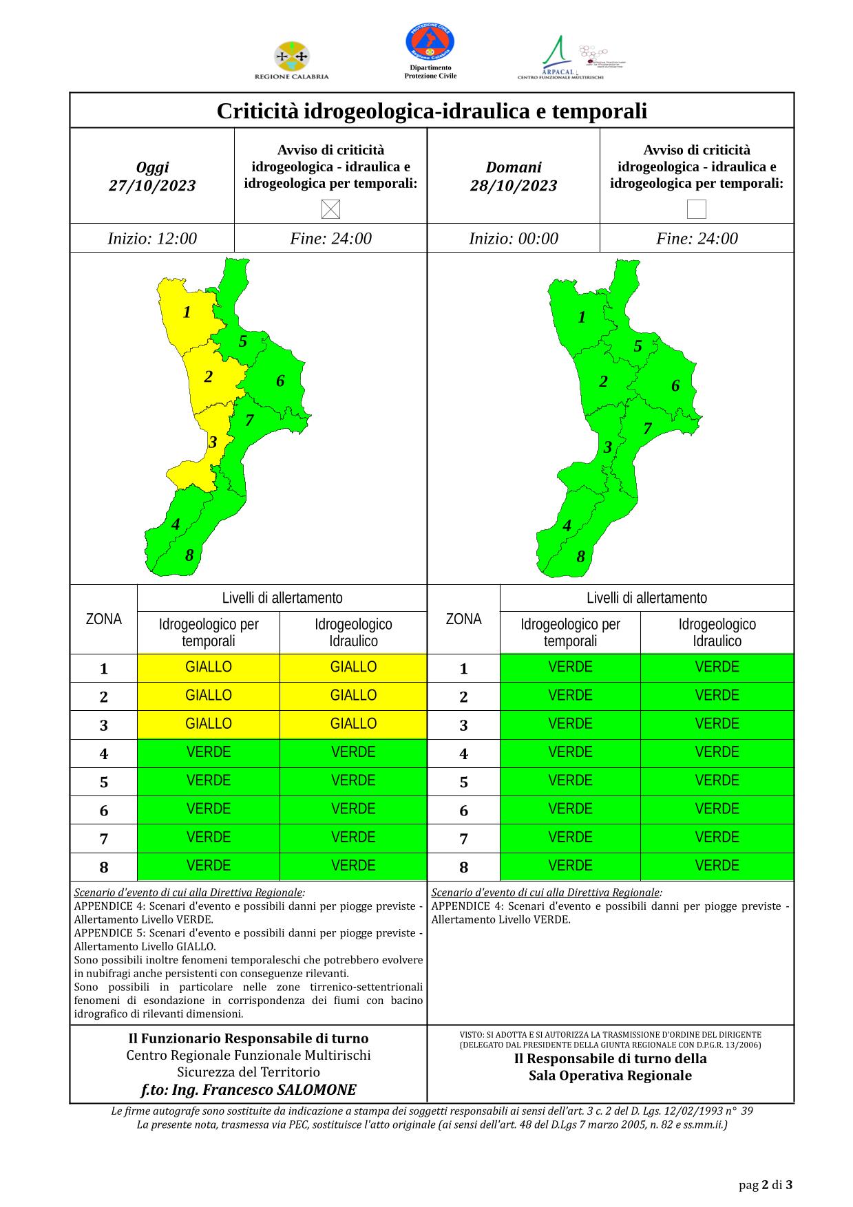 Criticità idrogeologica-idraulica e temporali in Calabria 27-10-2023